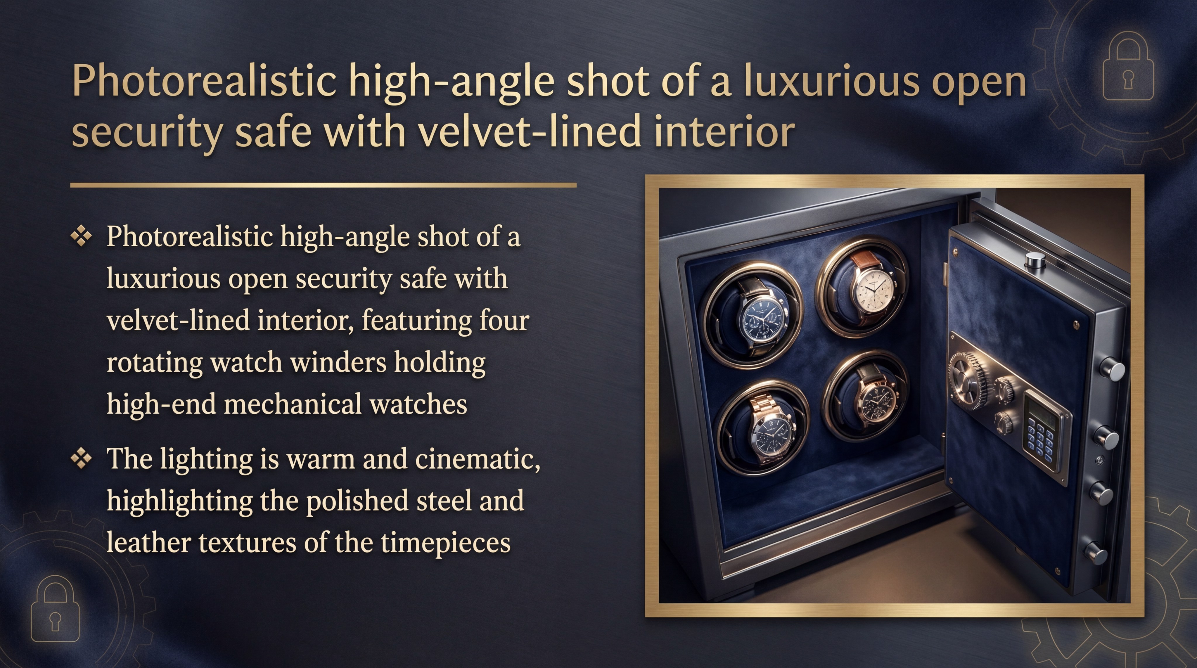 luxurious open security safe with velvet-lined interior featuring four rotating watch winders
