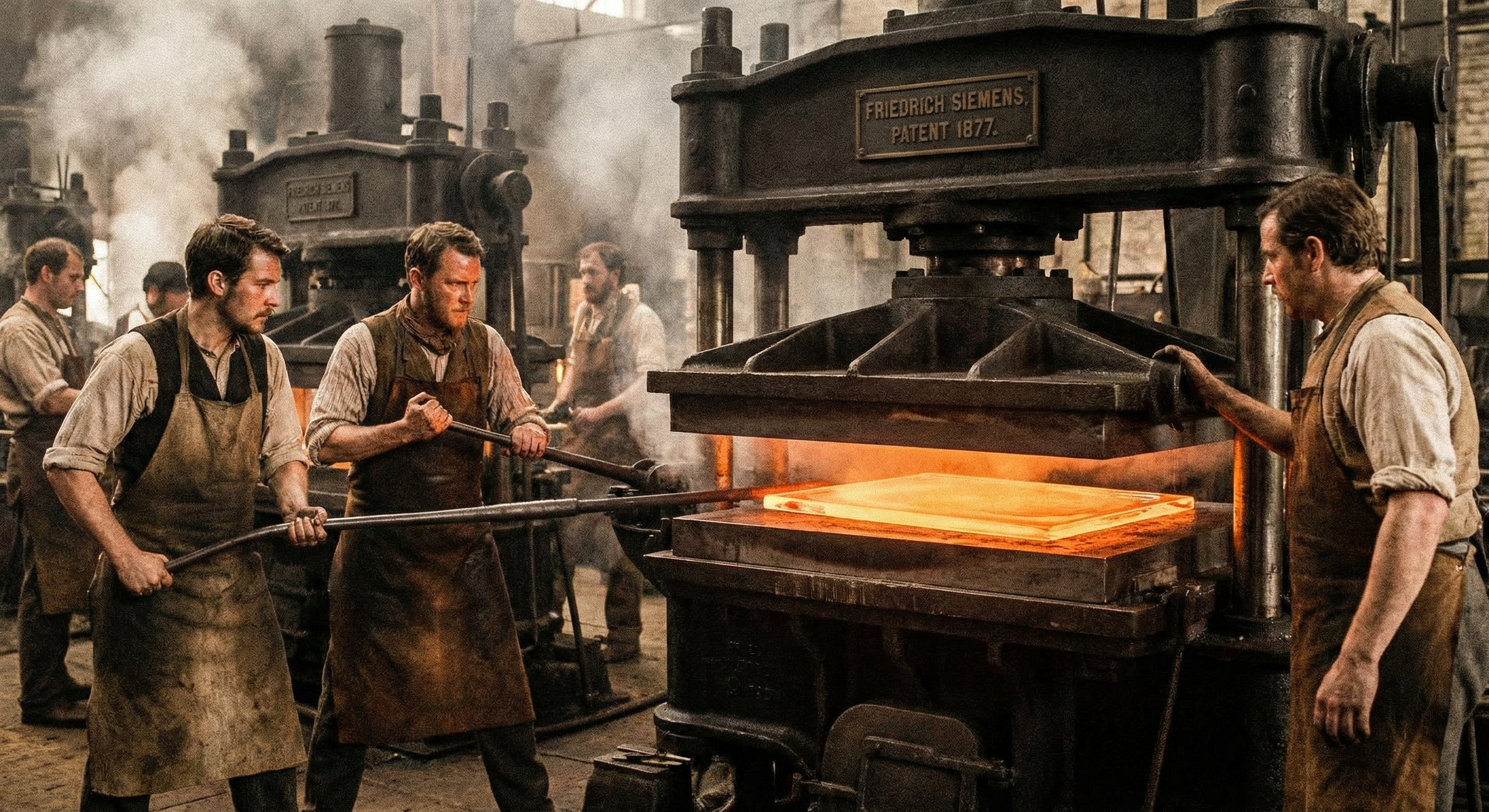 A technical factory setting showing Friedrich Siemens mold pressing equipment from 1877 for the creation of compressed glass.