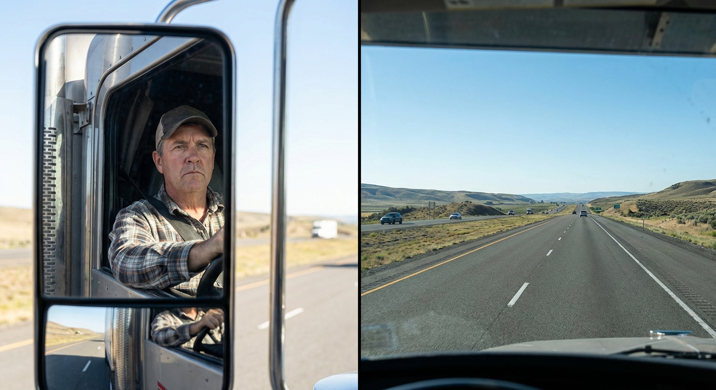 Split-view showing the driver's focused expression in the side mirror and a clear road ahead