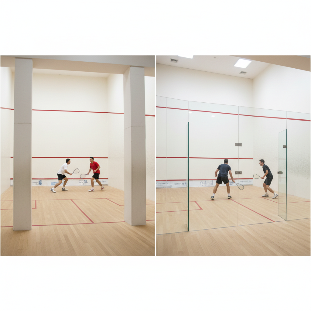 Comparison View: A split-screen image showing the view from behind a standard court pillar versus the unobstructed view. index 6