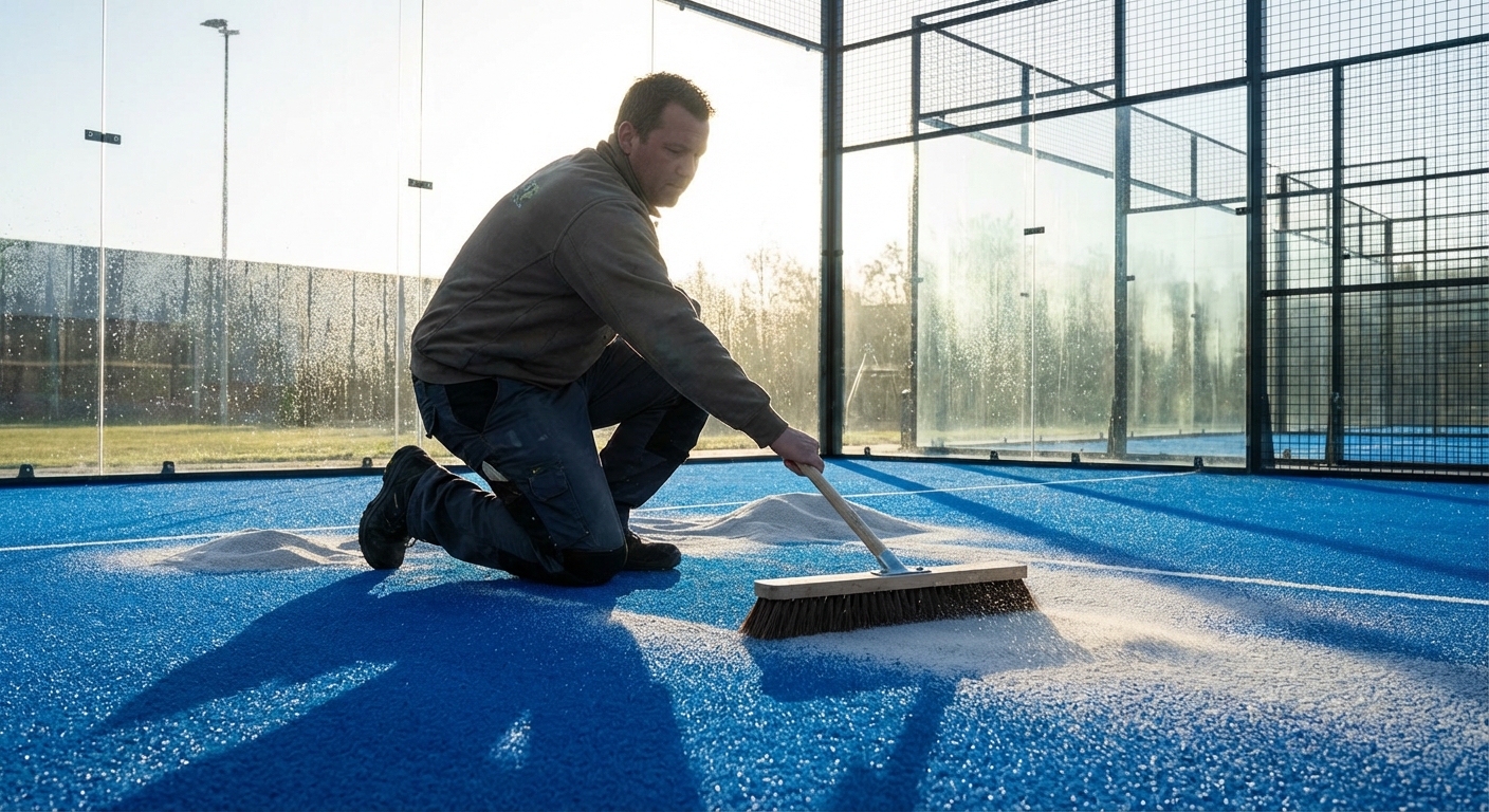 A photorealistic shot of a maintenance worker grooming a padel court.