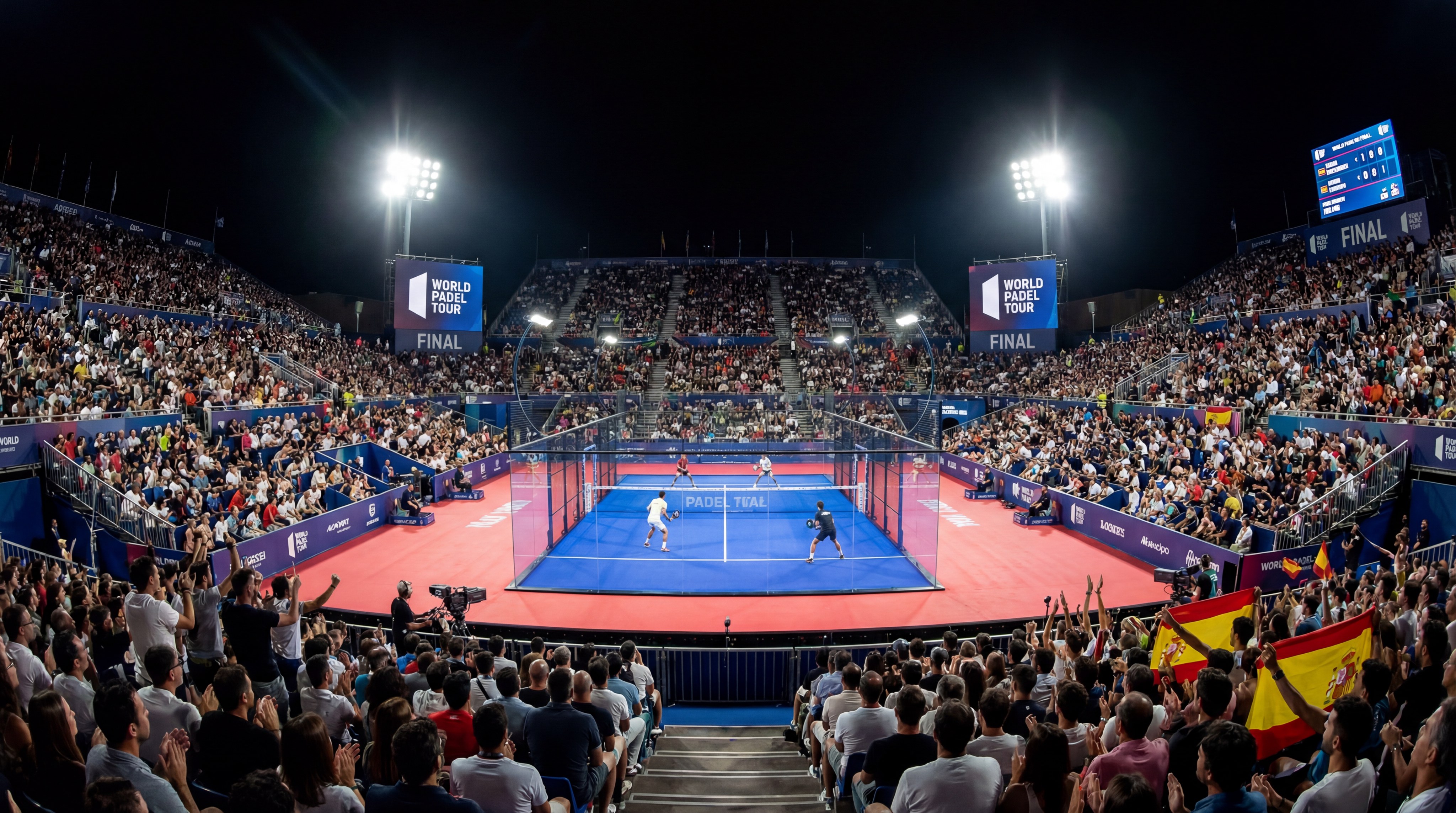 A professional padel stadium filled with spectators during a World Padel Tour final match.