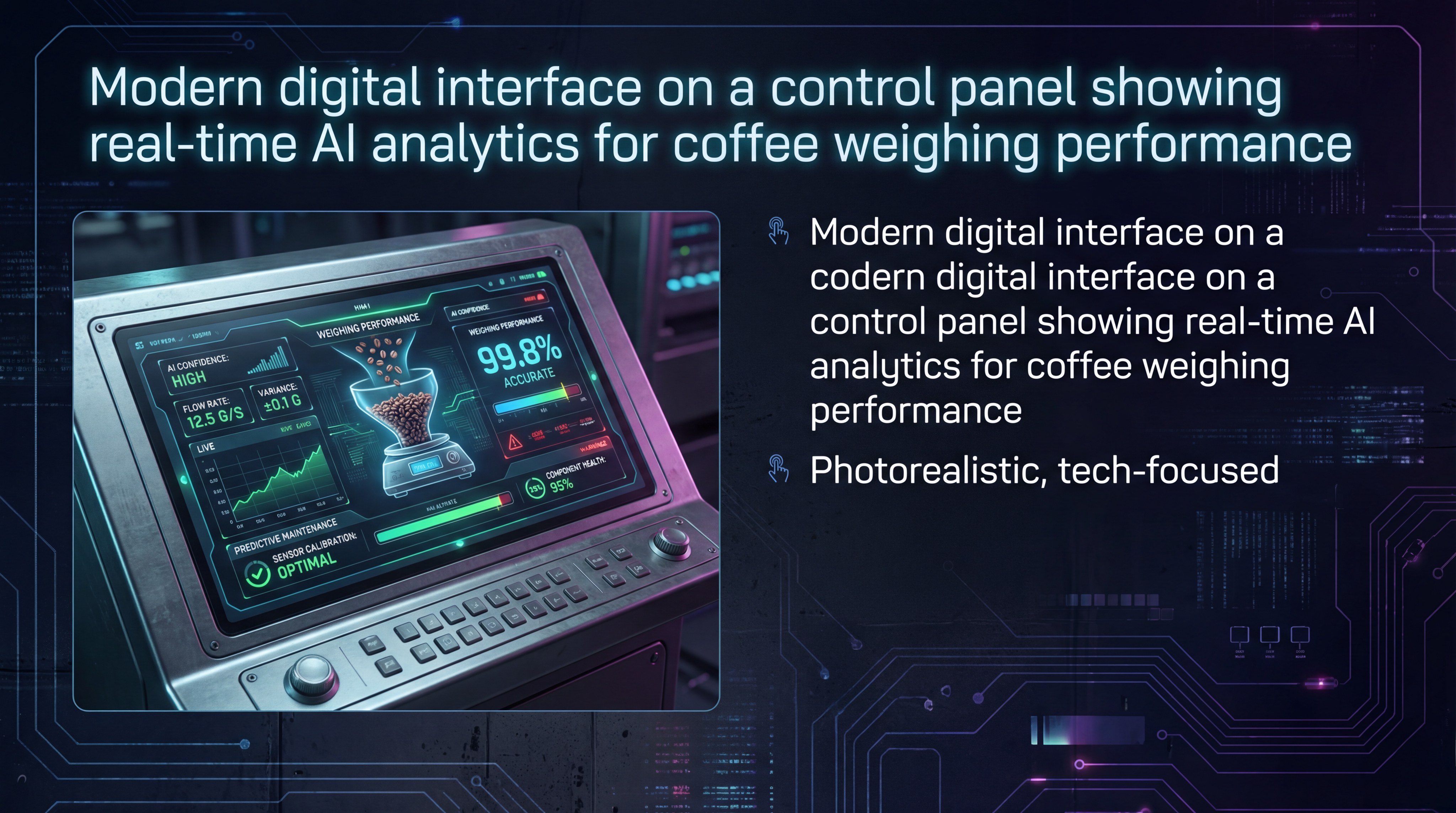Modern digital interface on a control panel showing real-time AI analytics for coffee weighing performance