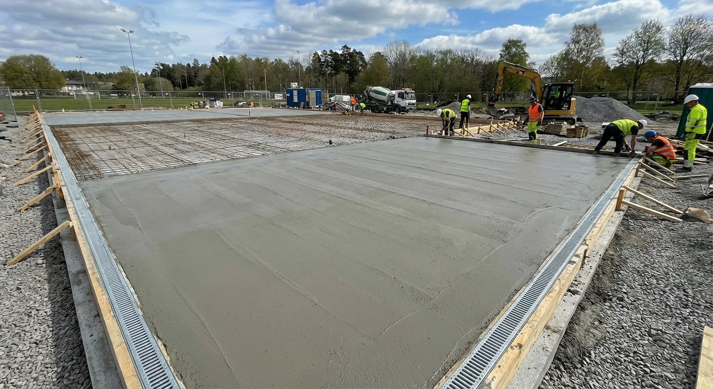 A construction site view showing the early stage of a padel court, featuring a perfectly leveled, reinforced concrete slab with drainage channels on the sides.