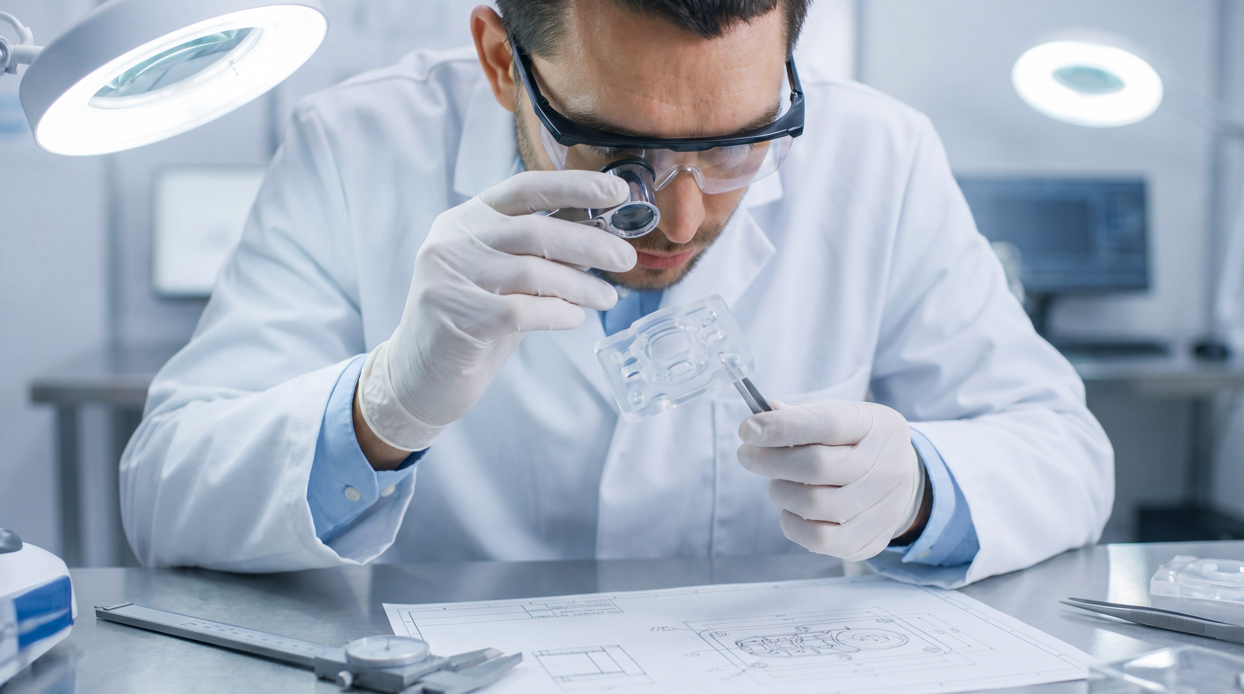 Engineer in white lab coat inspecting a clear silicone part with a magnifying glass
