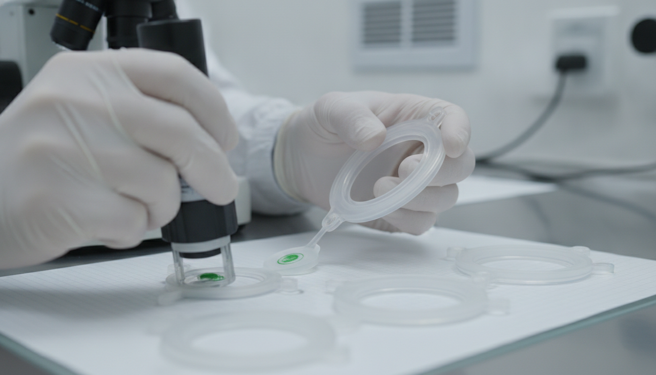 QA inspector checking medical silicone gaskets under microscopy
