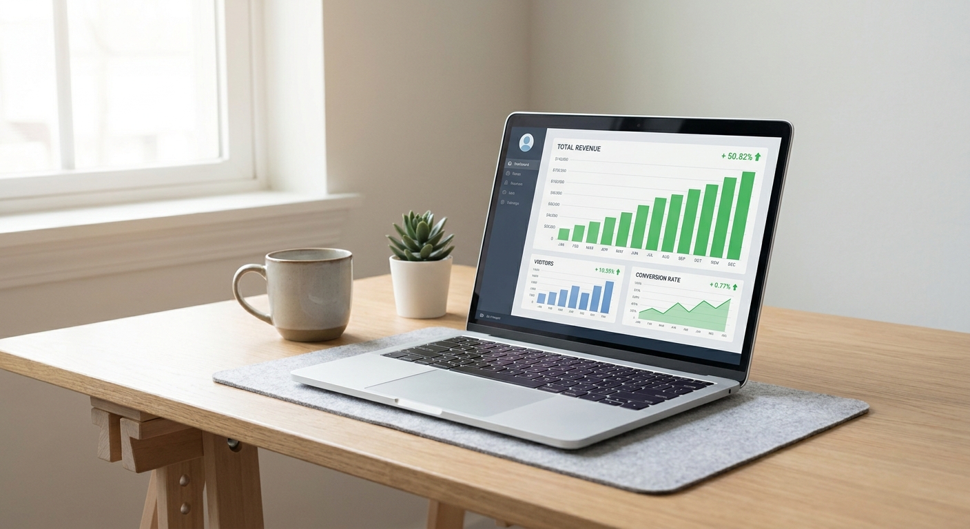 Workspace with laptop displaying Shopify store revenue and conversion analytics