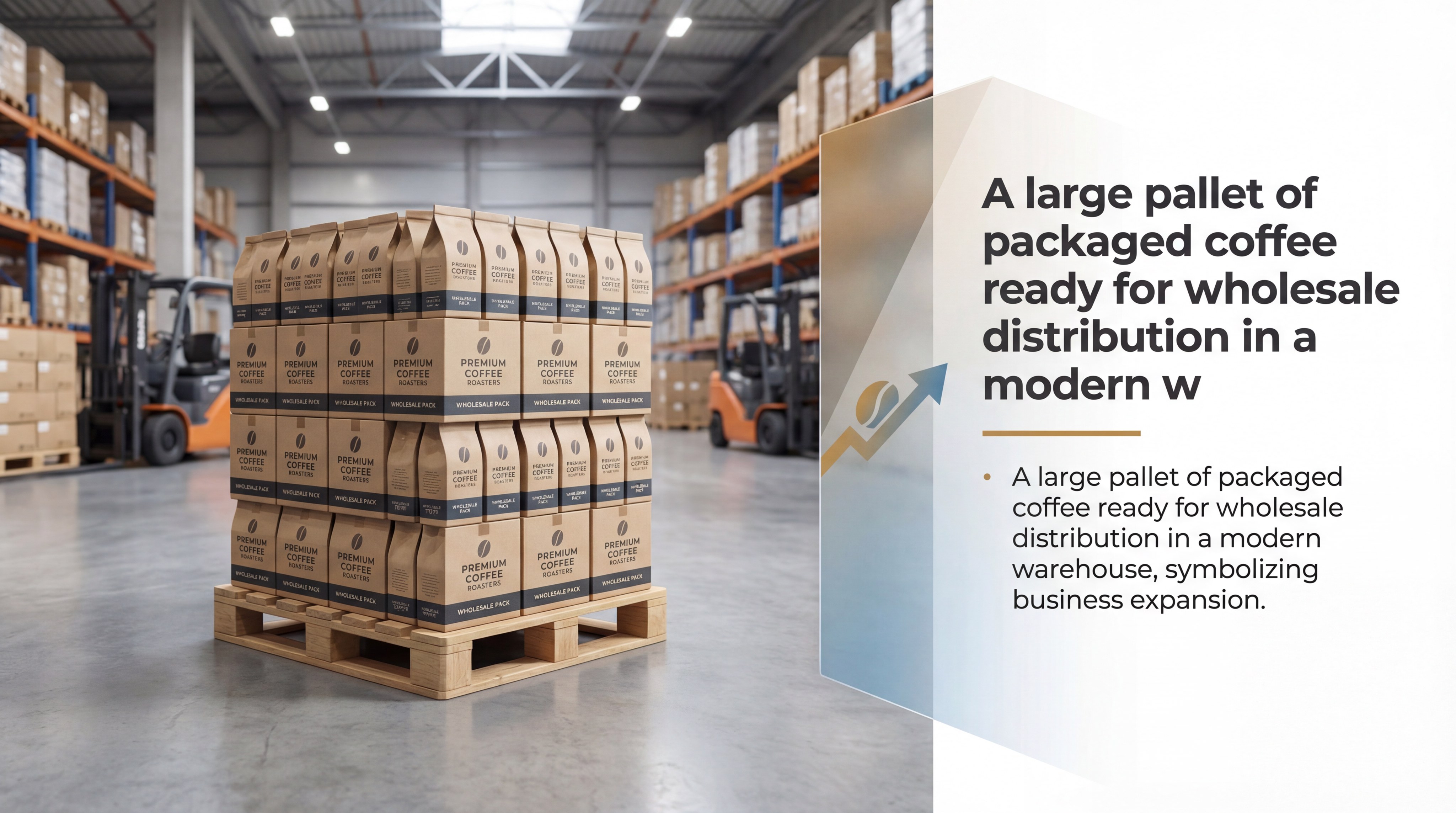 A large pallet of packaged coffee ready for wholesale distribution in a modern warehouse