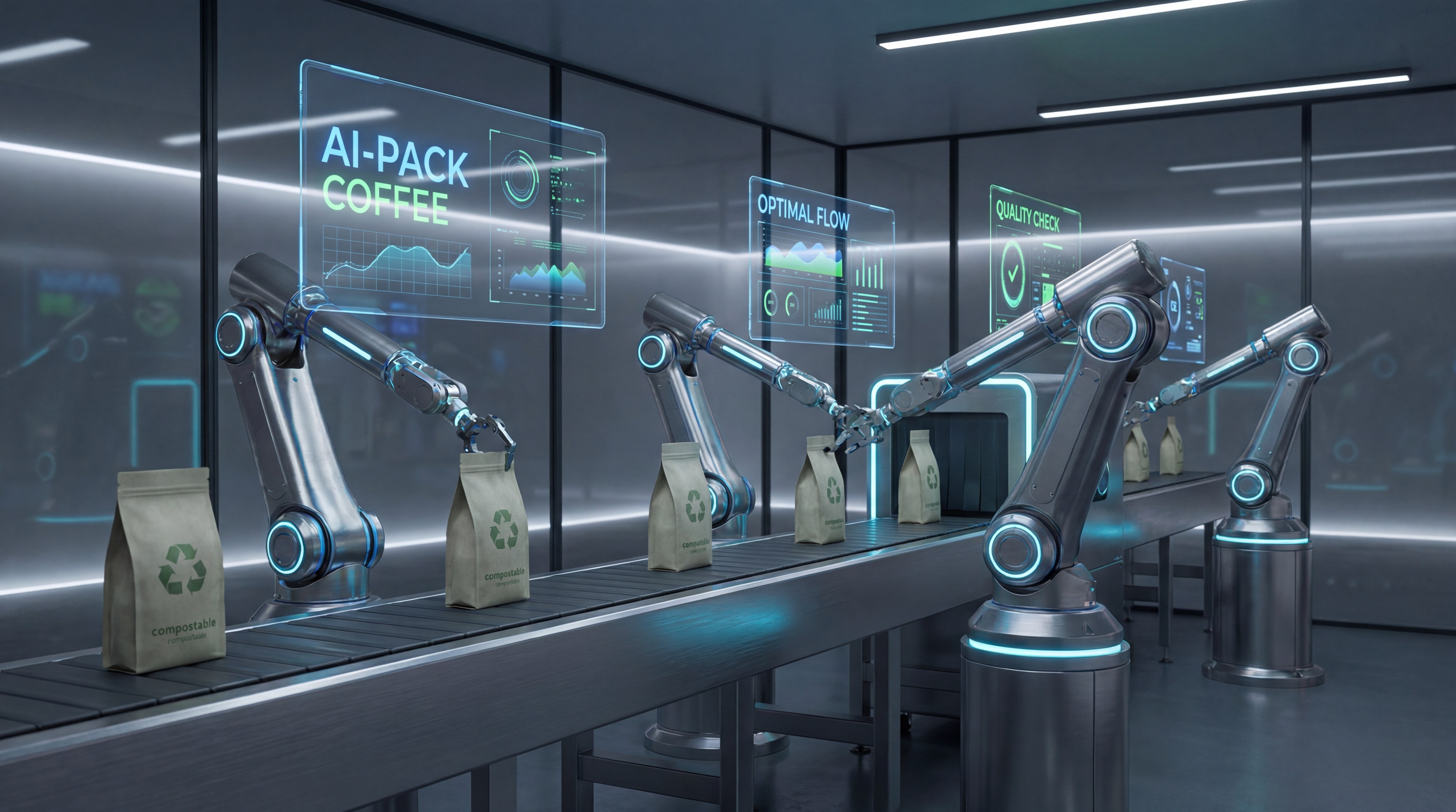 A futuristic concept of an AI-powered coffee packaging line with holographic displays and ultra-sleek, silent robotic arms. Photorealism style.