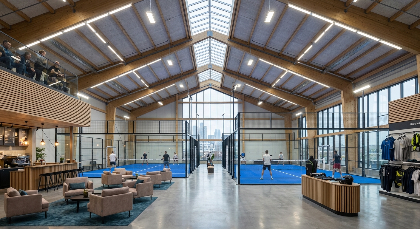 A photorealistic interior view of a luxury indoor padel facility.