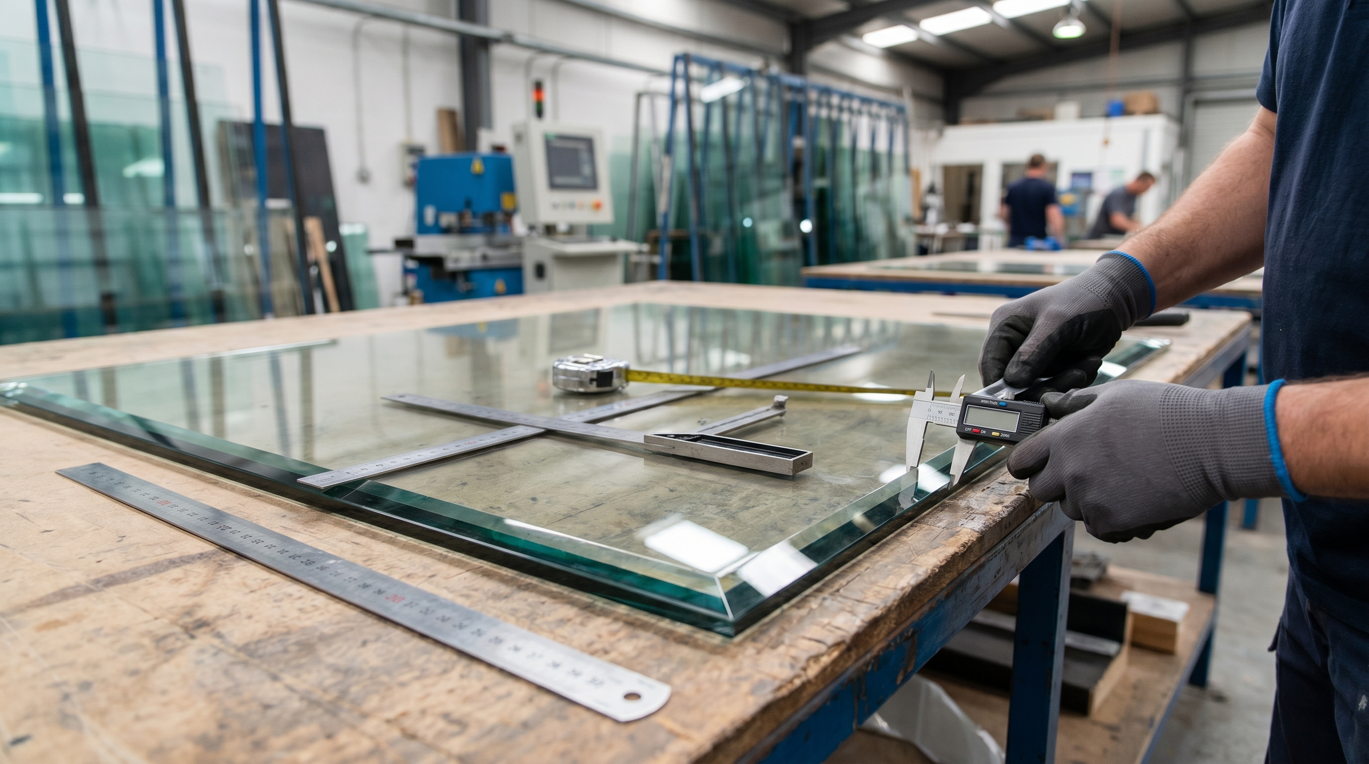 glass technician measuring workshop