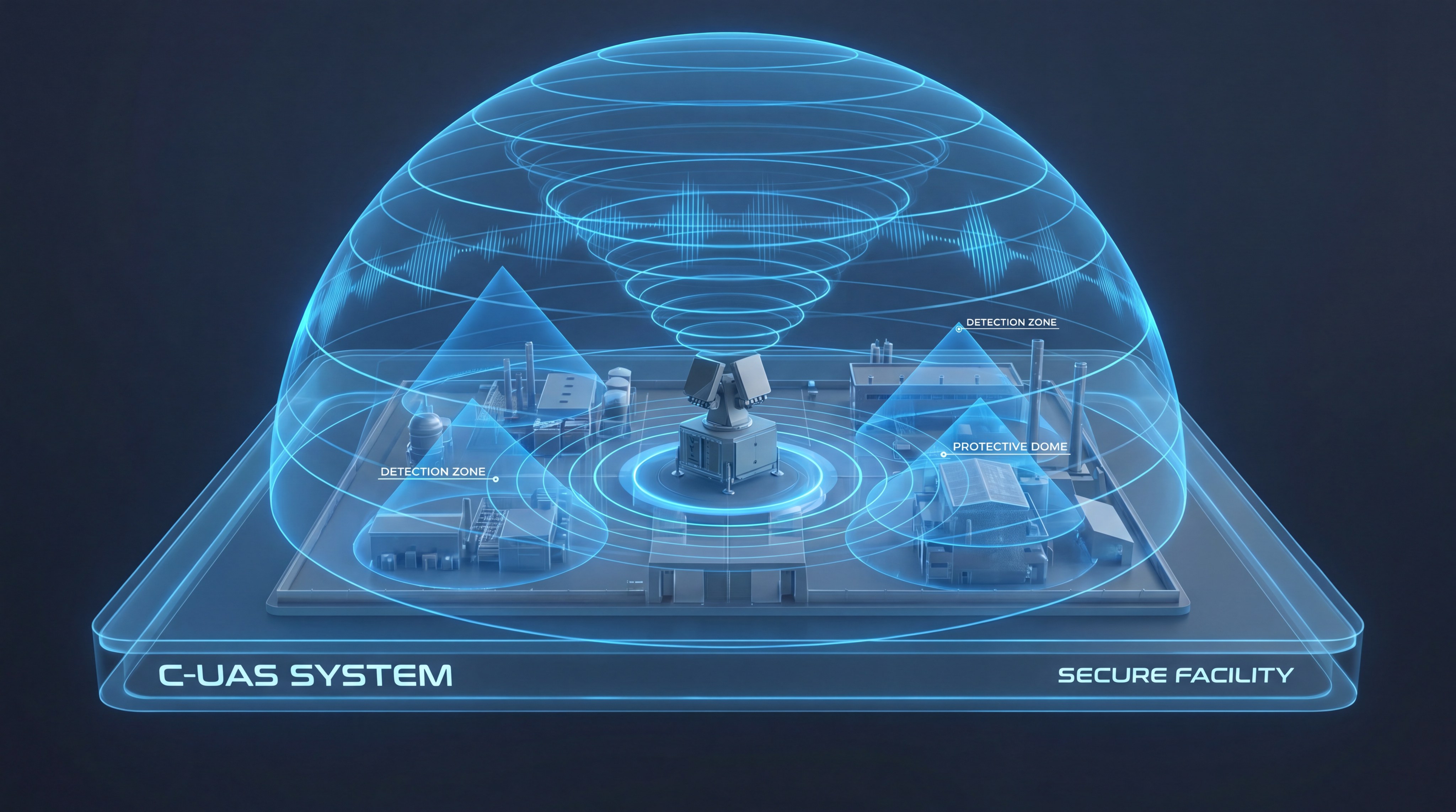 A comprehensive counter-UAV protective dome integrates various detection and mitigation hardware into a single security ecosystem.