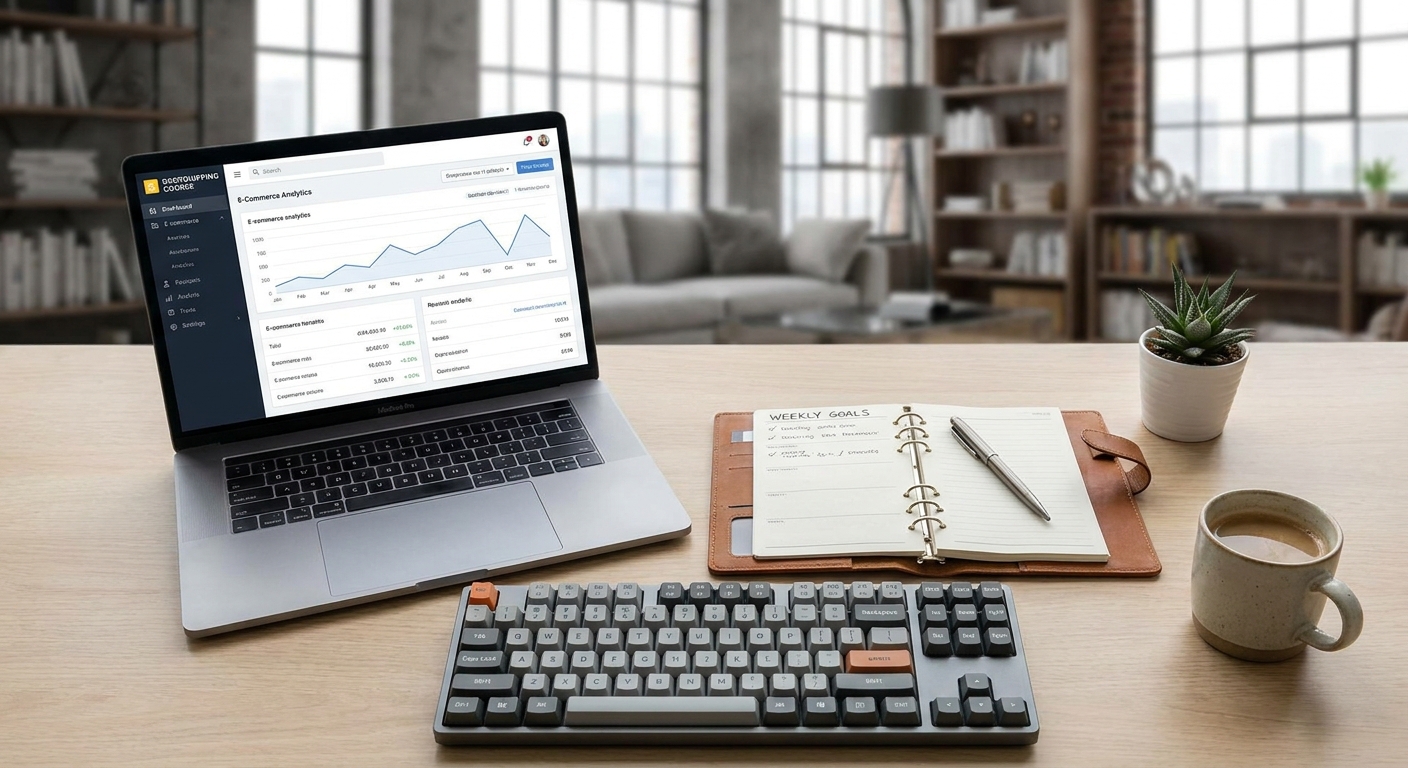 modern e-commerce entrepreneur desk with laptop, notebook and coffee cup