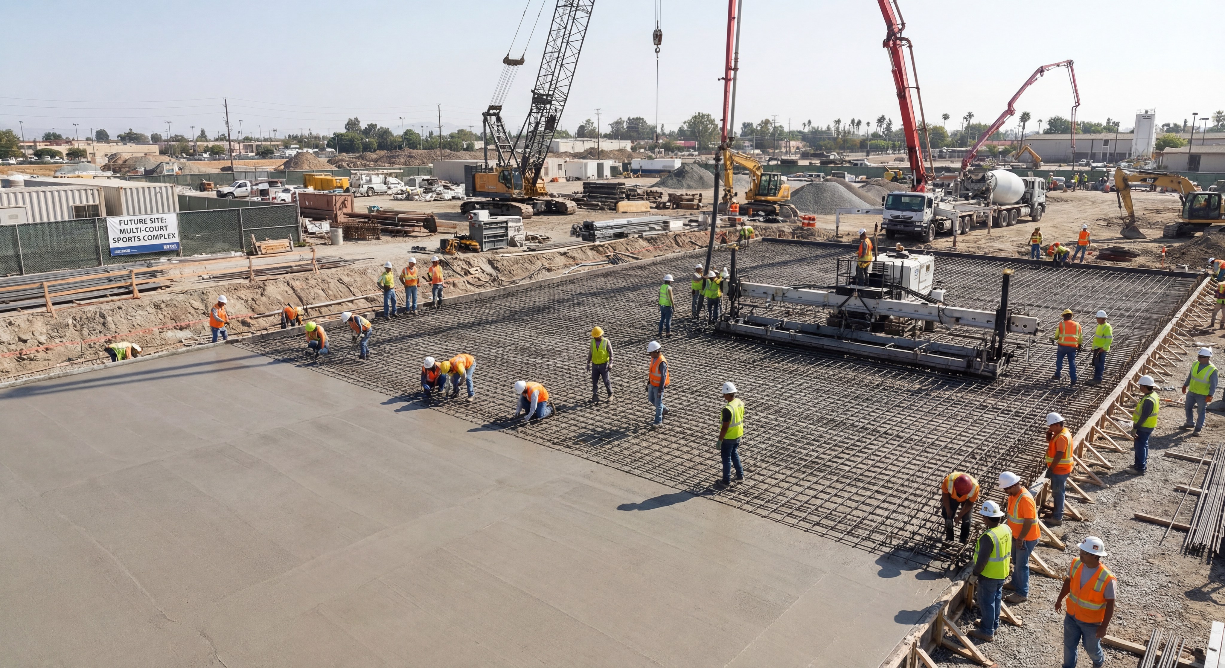 Construction site preparing concrete slab for sports courts
