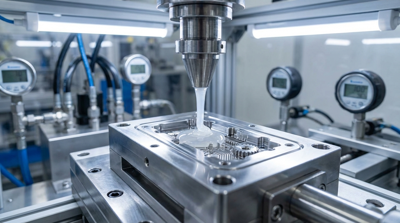 Macro view of high-precision liquid silicone rubber being injected into a professional mold