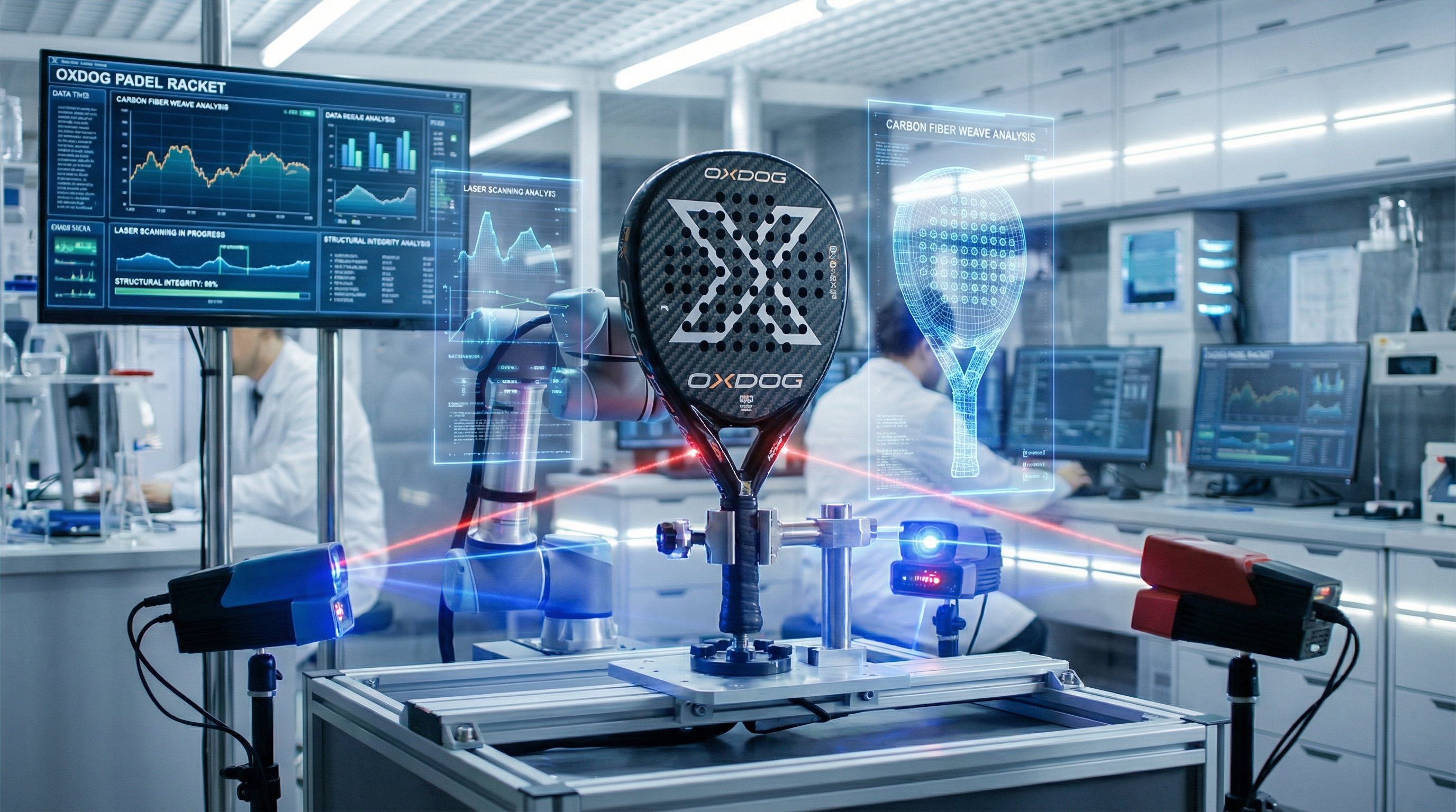 Photorealistic image of a high-tech laboratory setting where an oxdog padel racket is being analyzed with laser sensors and 3D mapping, showing the internal carbon fiber weave.