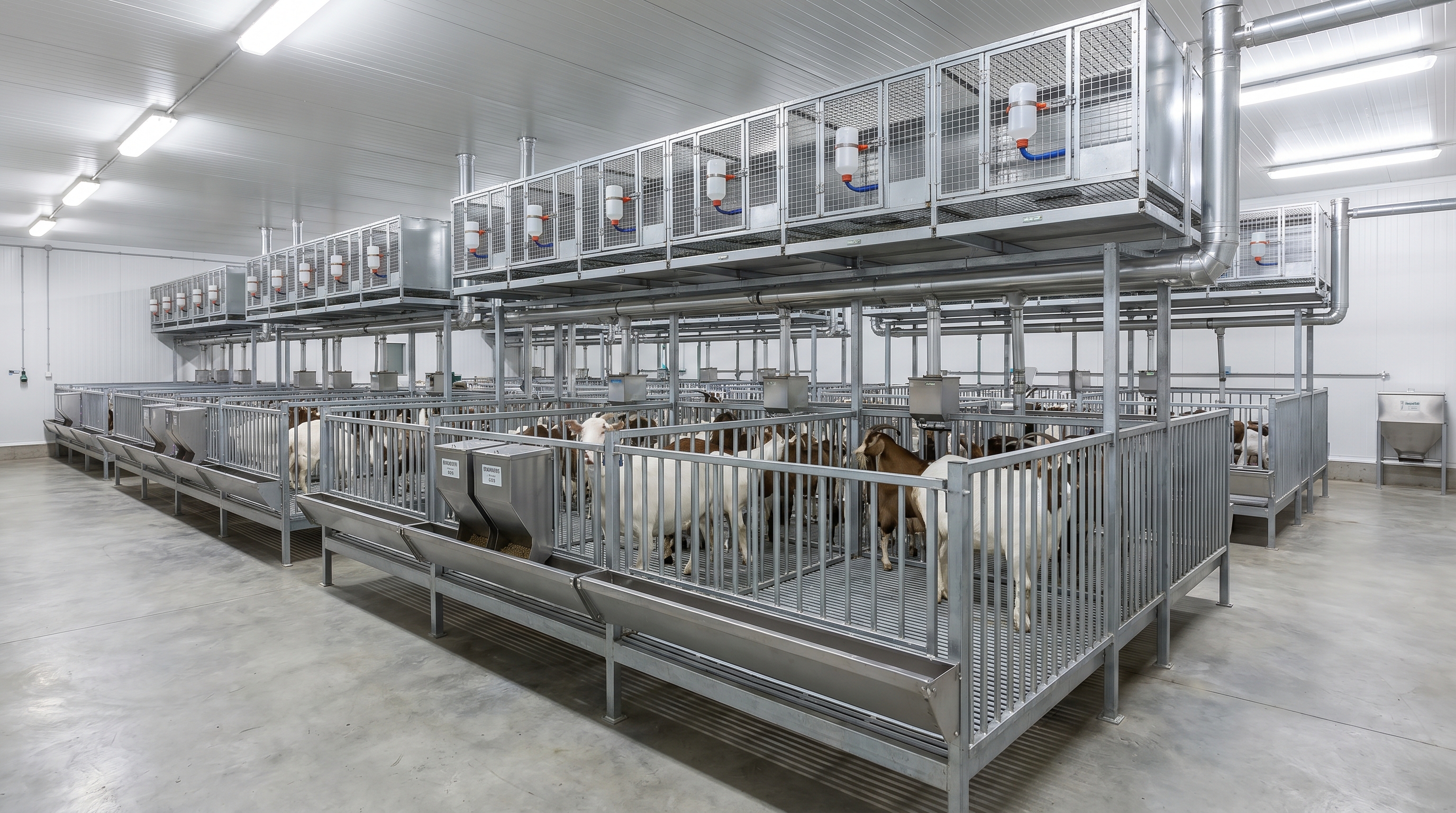 "Indoor goat farm with multiple stainless steel pens, automated feeders, and goats inside each enclosure."