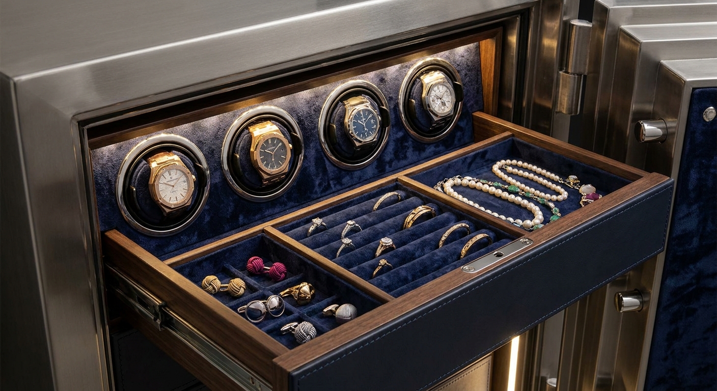 Luxury safe drawer organization with velvet linings