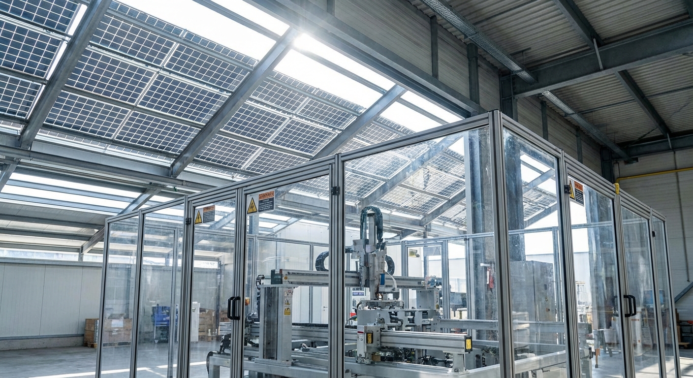 Solar panel farm with tempered glass coverings protecting photovoltaic cells.