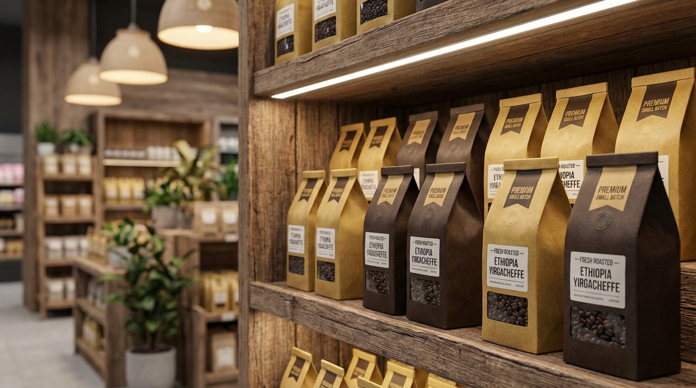 A retail display showing premium coffee bags that have maintained their shelf presence and freshness.