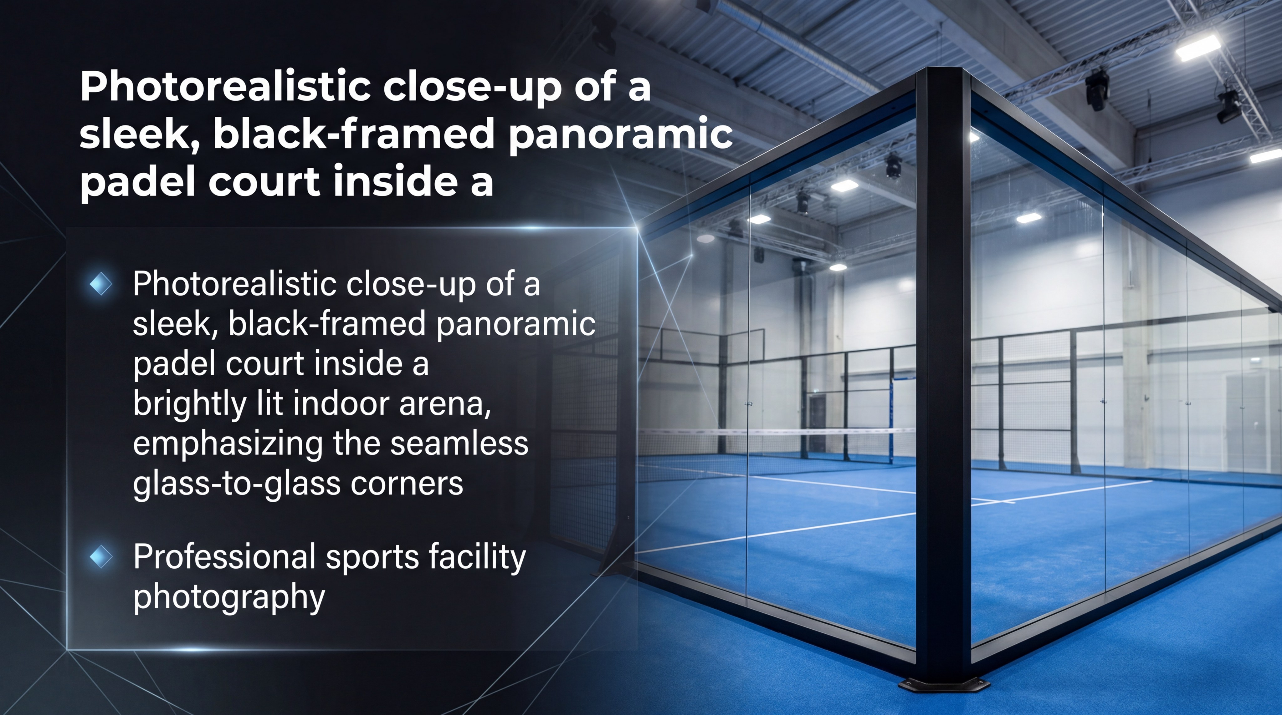 Photorealistic close-up of a sleek, black-framed panoramic padel court inside a brightly lit indoor arena