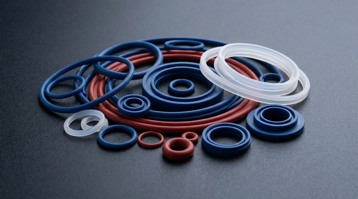 Macro shot of custom molded silicone gaskets and seals