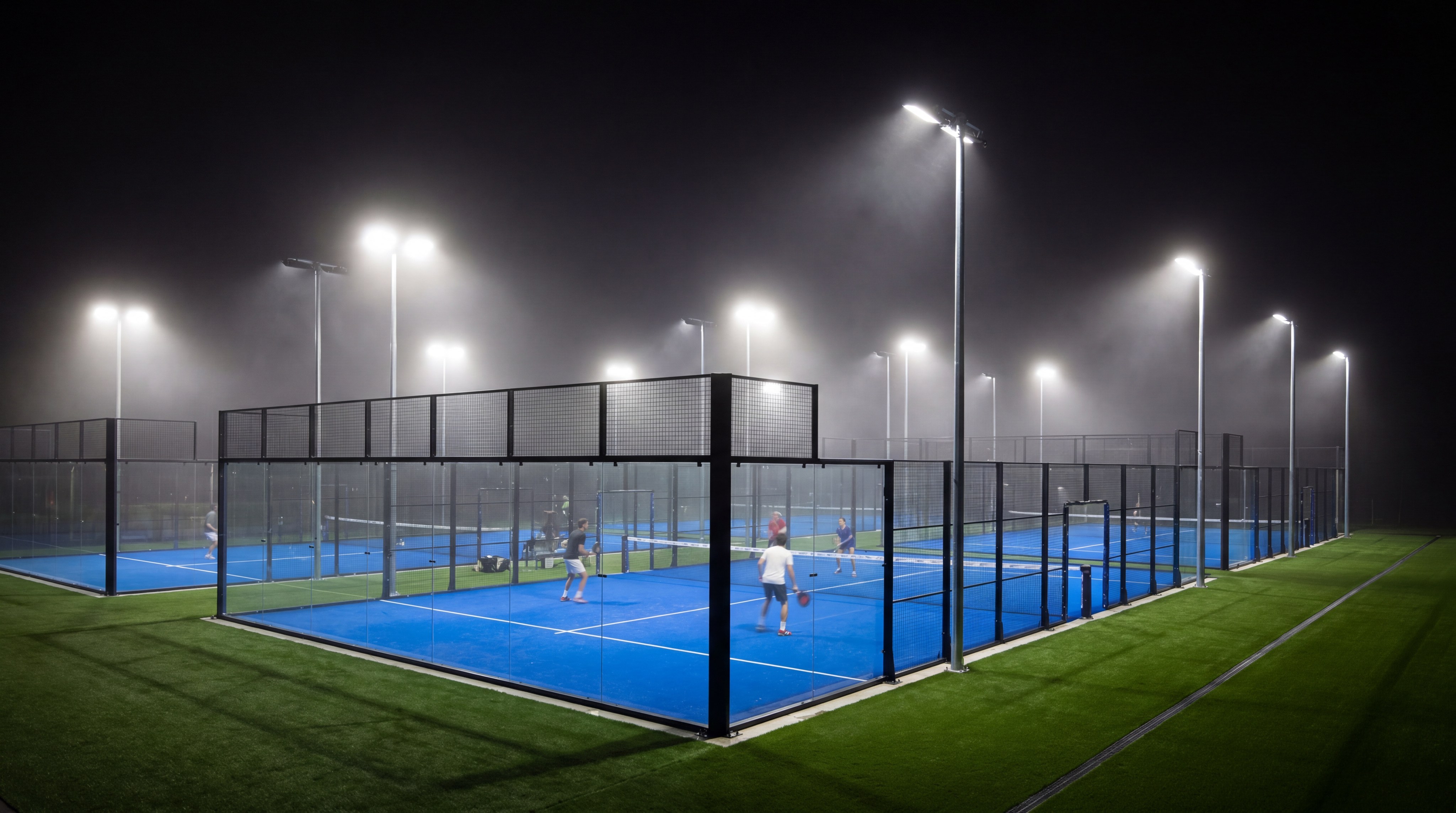 illuminated padel facility at night