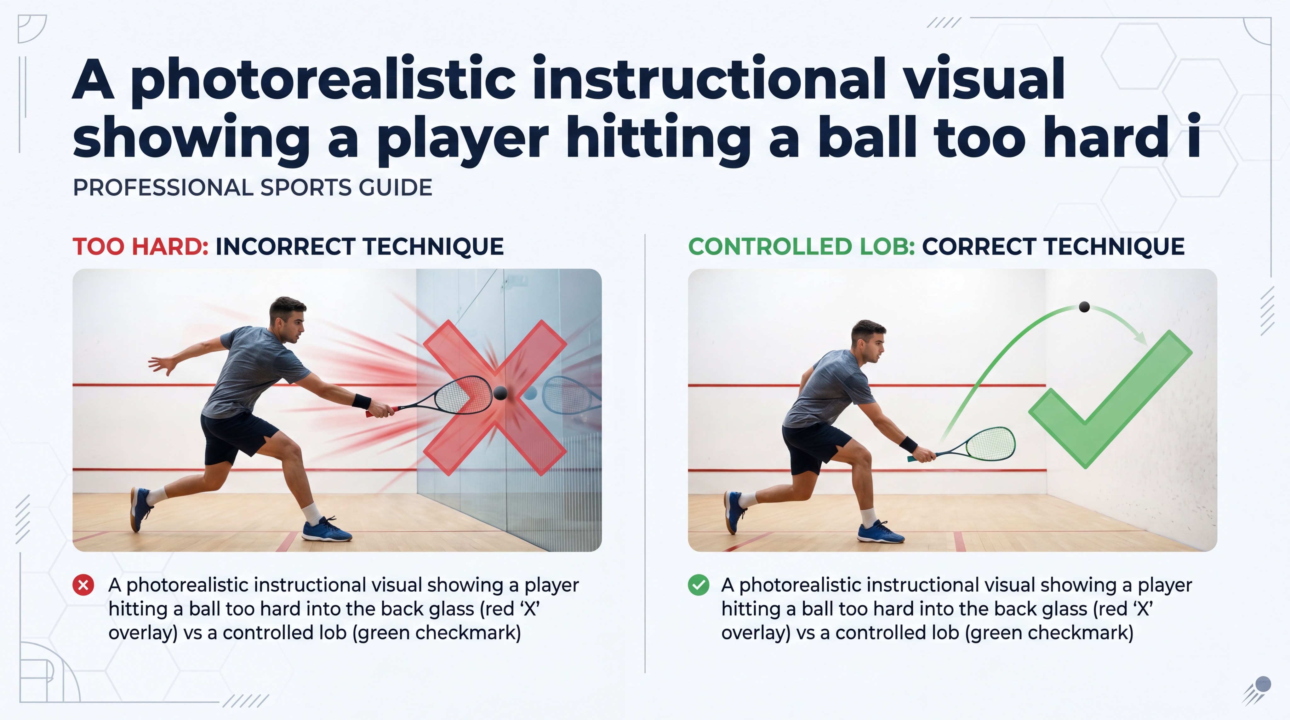 A photorealistic instructional visual showing a player hitting a ball too hard into the back glass vs a controlled lob