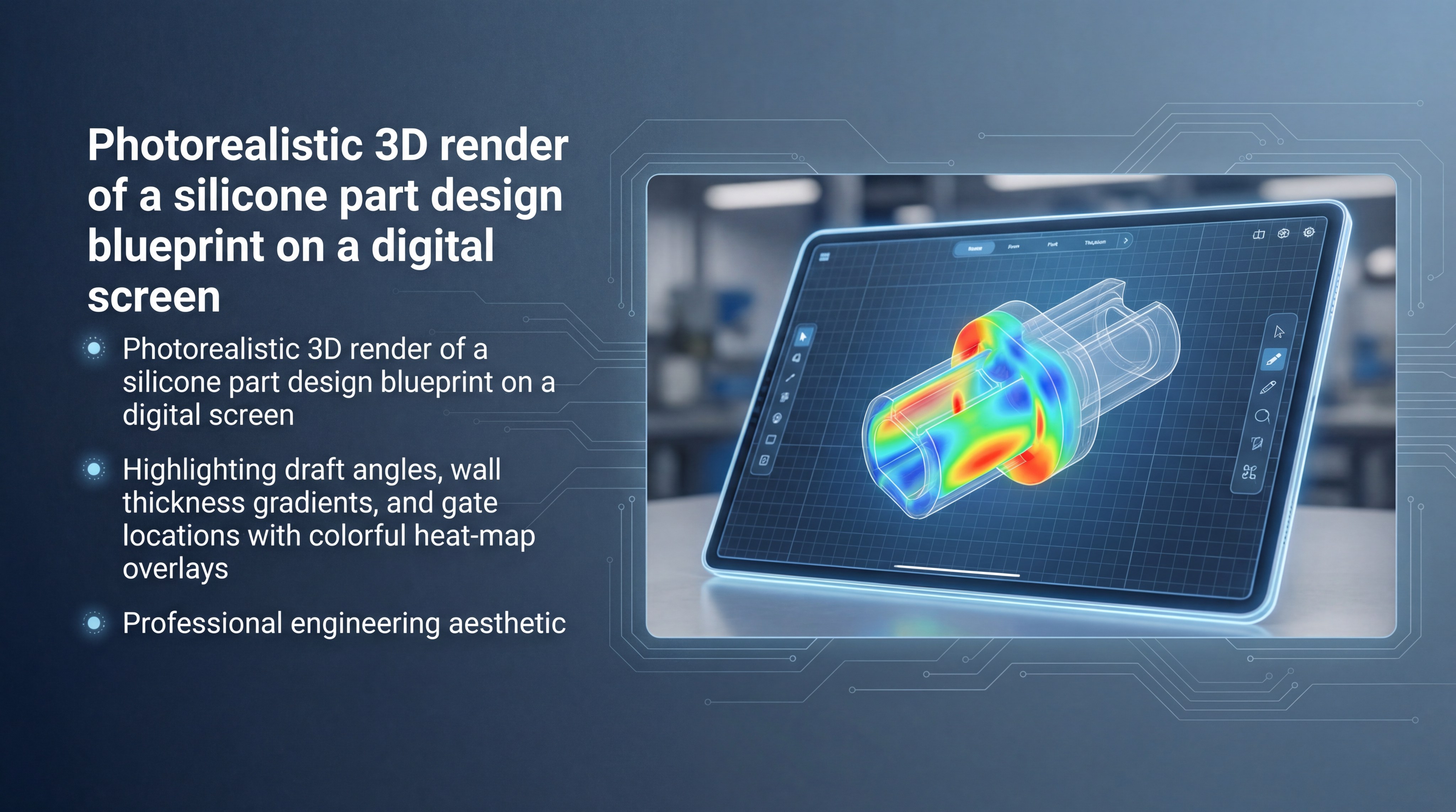 Photorealistic 3D render of a silicone part design blueprint on a digital screen.