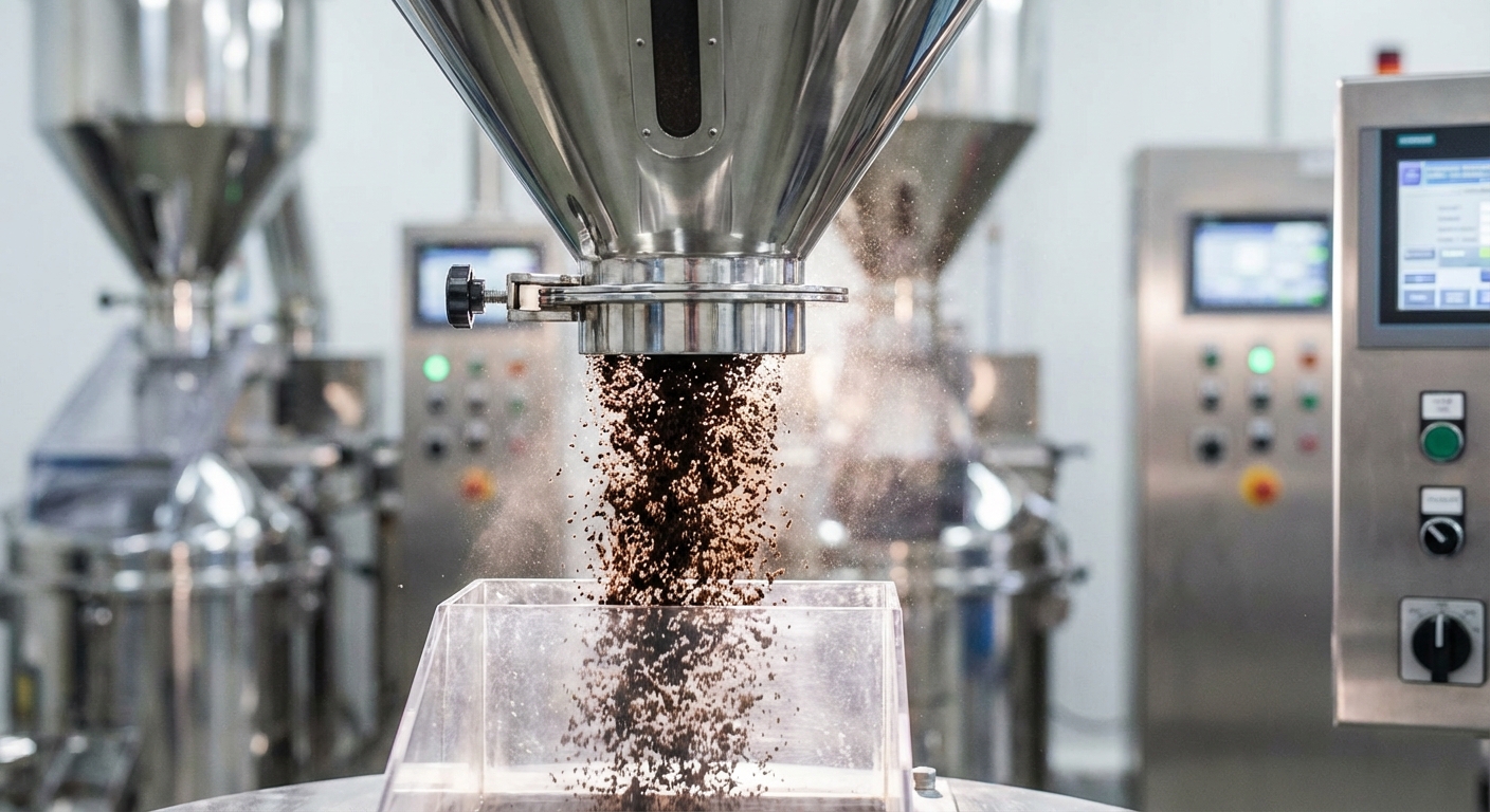 Industrial coffee grind size packaging flow and hopper efficiency.