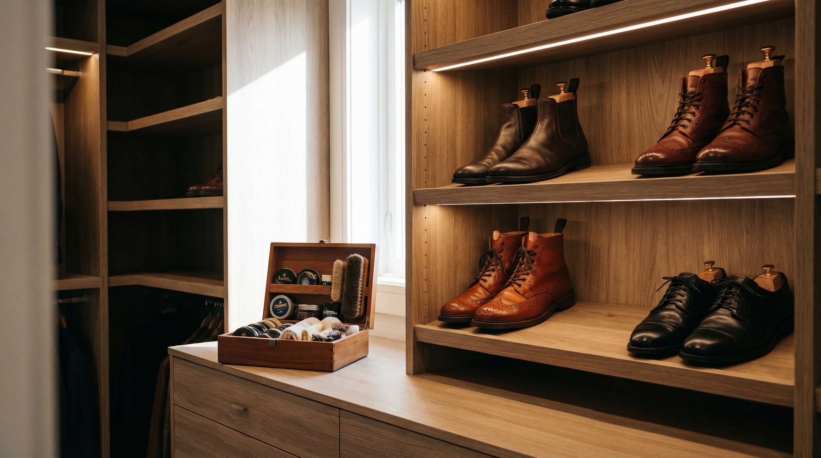Lifestyle photography, medium shot angle, showing a organized shoe care station in a modern closet. Multiple pairs of high-end leather boots and shoes are neatly arranged on shelves with cedar shoe trees. A small wooden valet box with tins of polish and brushes sits in the foreground. Warm, inviting interior lighting.