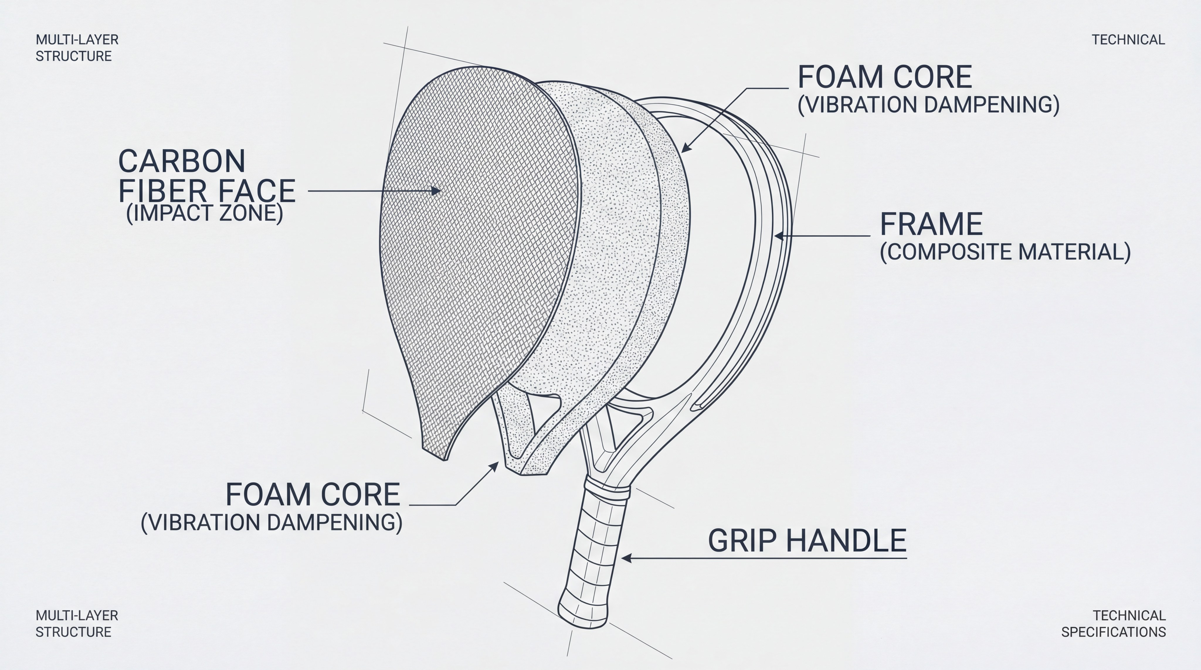 A technical chart showing a 3D exploded view of a padel tennis bat, labeling the frame, the EVA core, the face layers, and the handle assembly.