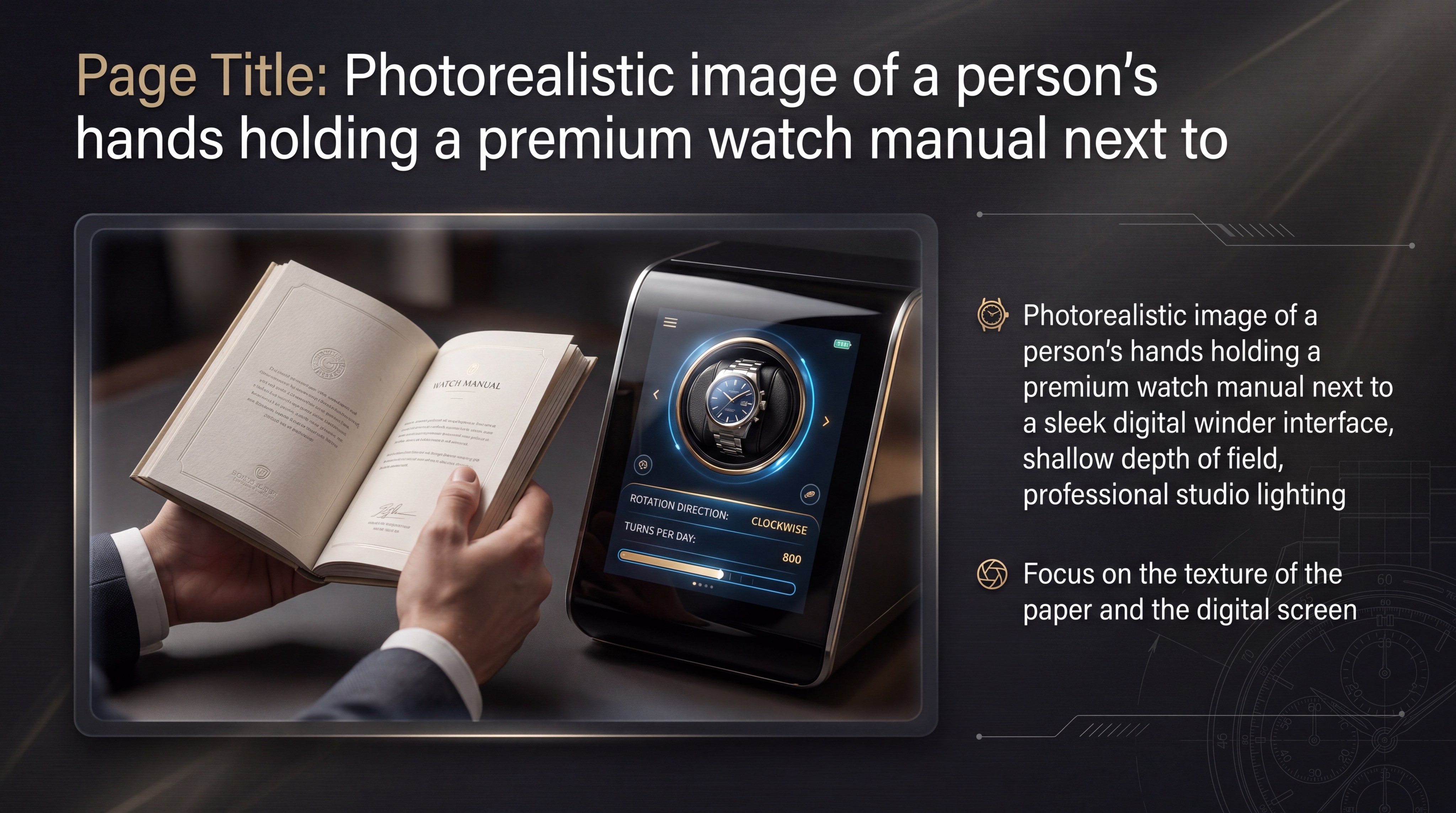 A photorealistic image of a person’s hands holding a premium watch manual next to a sleek digital winder interface