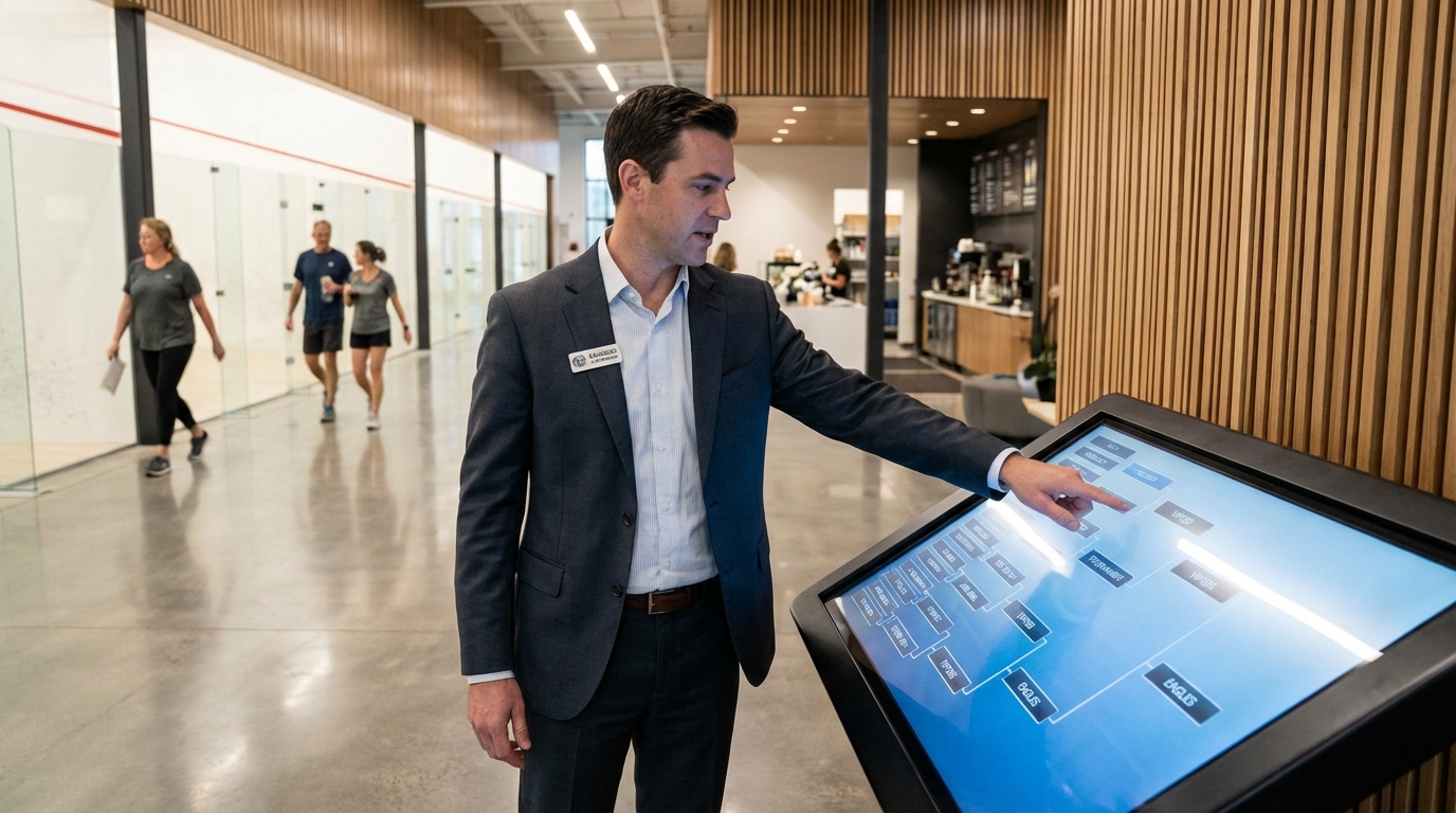 Club manager pointing at a tournament bracket on a digital kiosk in a luxury facility