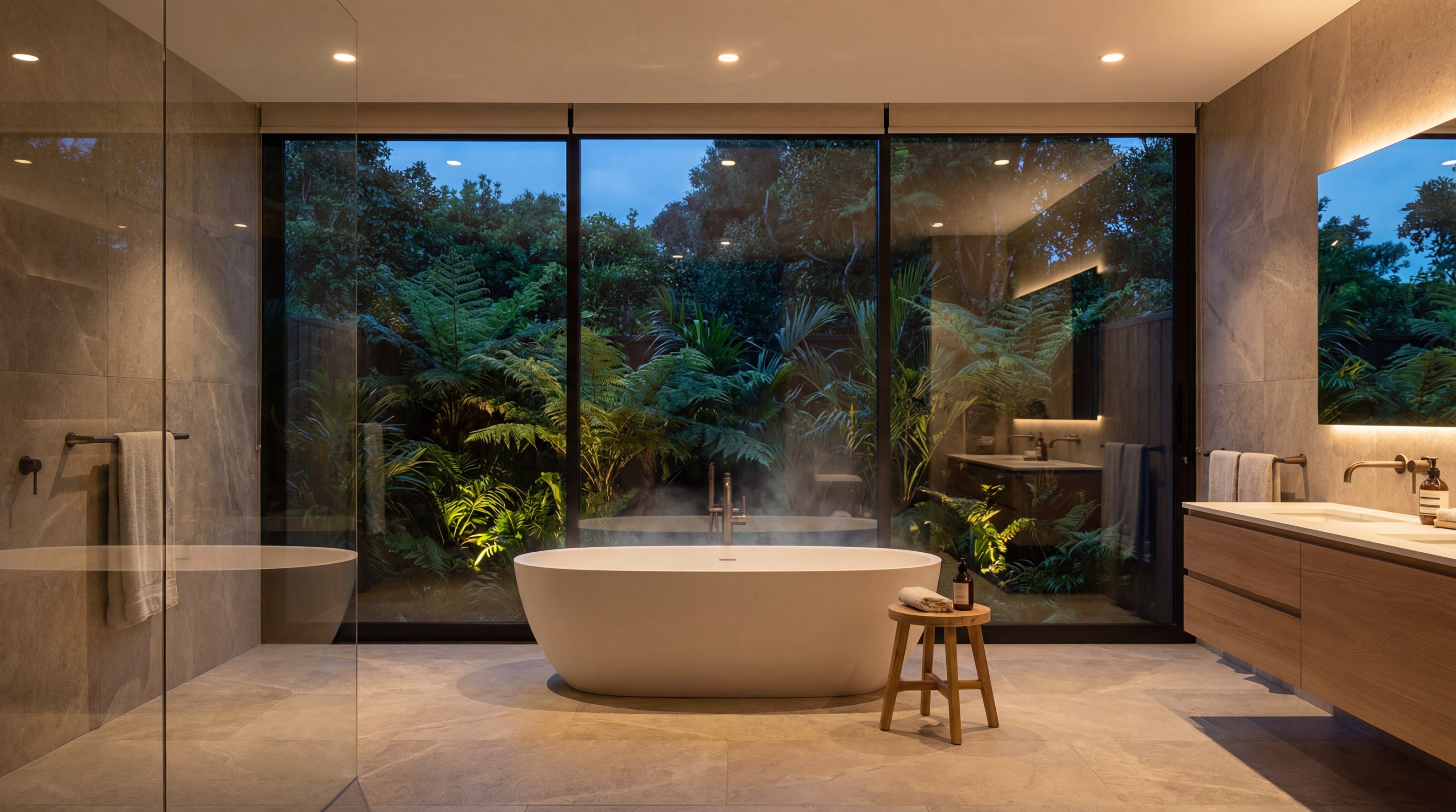 modern bathroom with a large tempered glass window