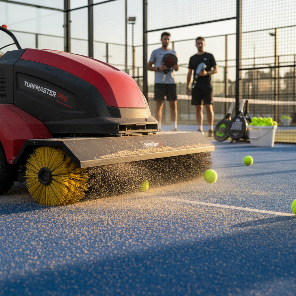 Padel turf maintenance action shot