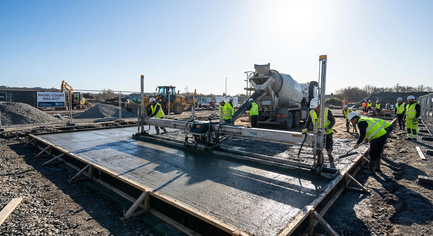 A photorealistic image of a construction site showing the initial pouring and leveling of a concrete pad for a padel court.
