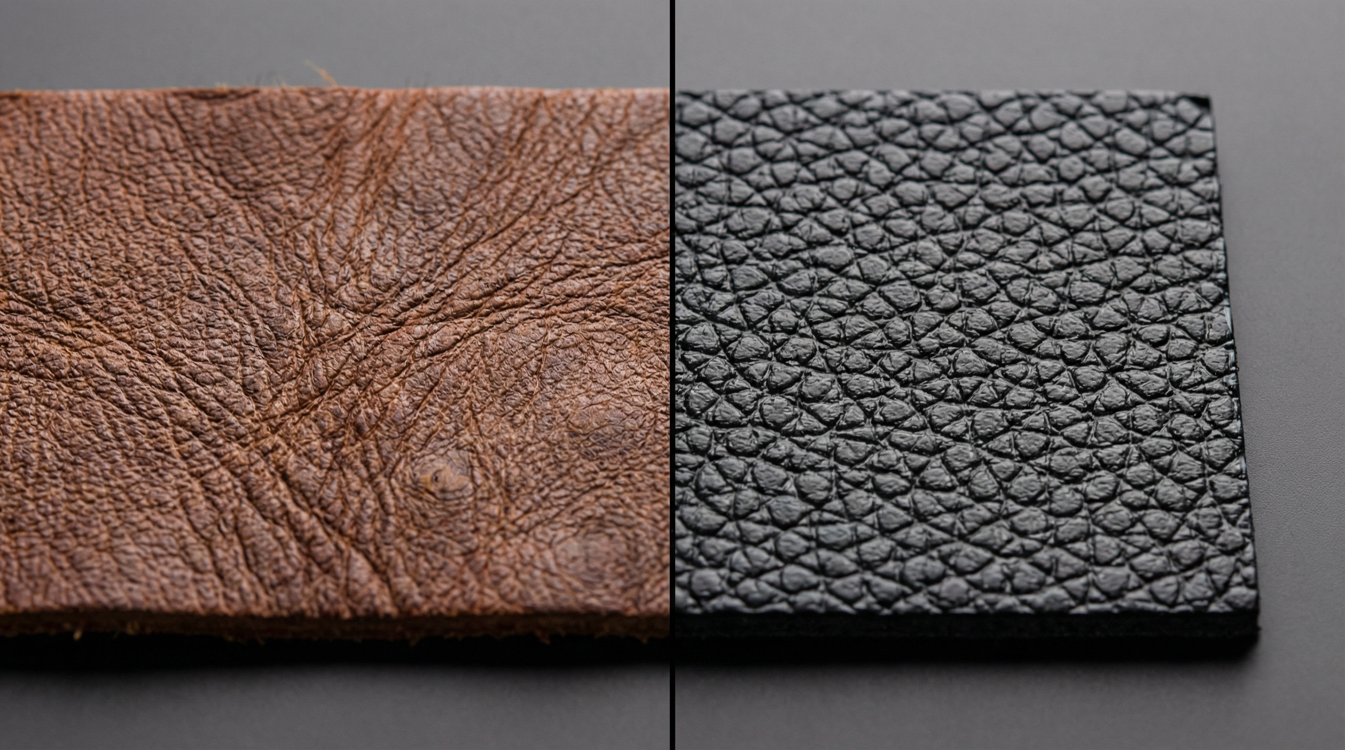 A split-screen comparison showing the porous texture of natural full-grain leather versus the uniform pattern of synthetic leather