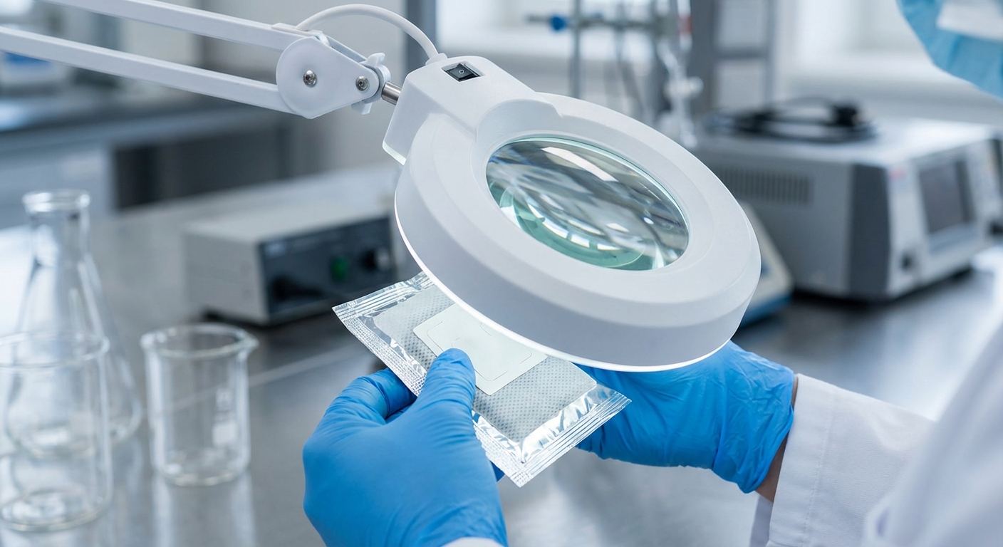 Image Description: A laboratory setting where a quality control expert uses a magnifying lamp to inspect the seal uniformity of a 20g cold brew bag.