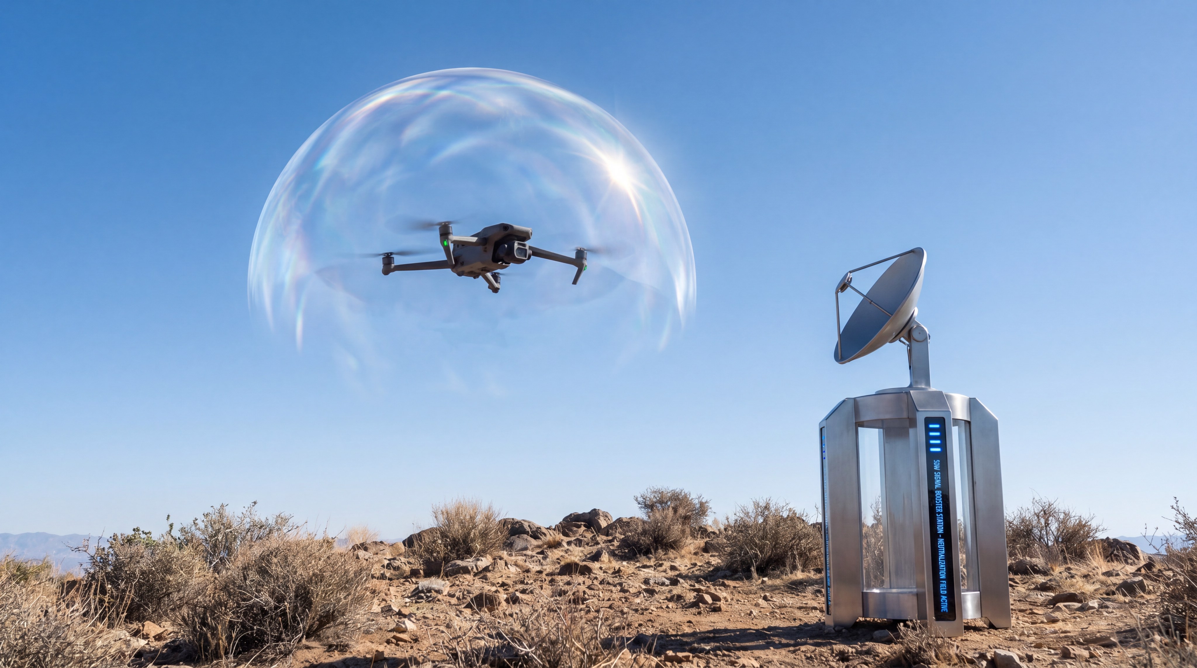 A cinematic visualization of a 50W signal booster station in a rocky desert landscape. A large parabolic dish sits on a high-tech metal tower, projecting a translucent glowing blue dome of neutralization energy over a small hovering drone, illustrating the effective range of the system.