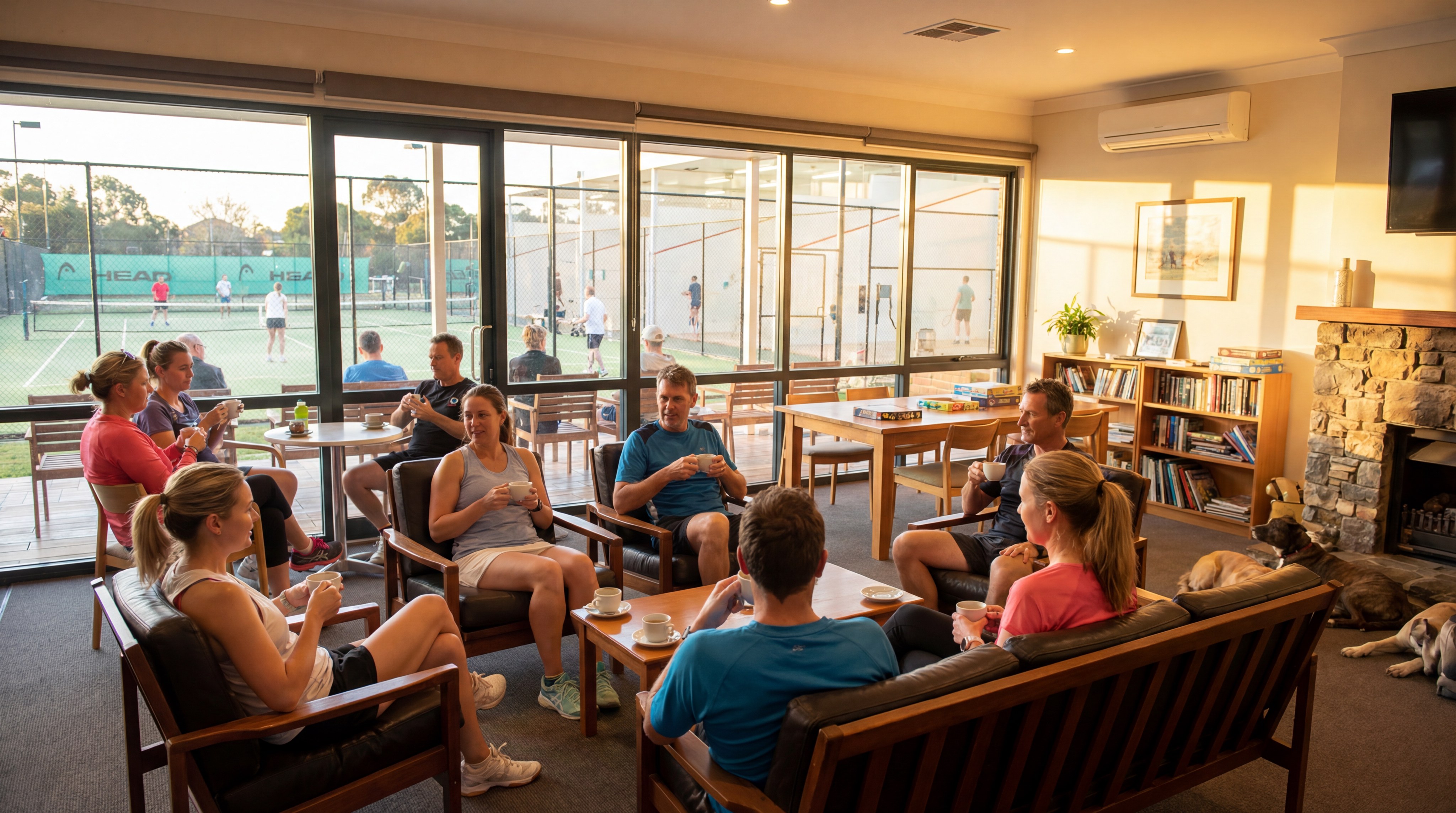 A bustling club lounge with players drinking coffee and watching a match through glass walls.