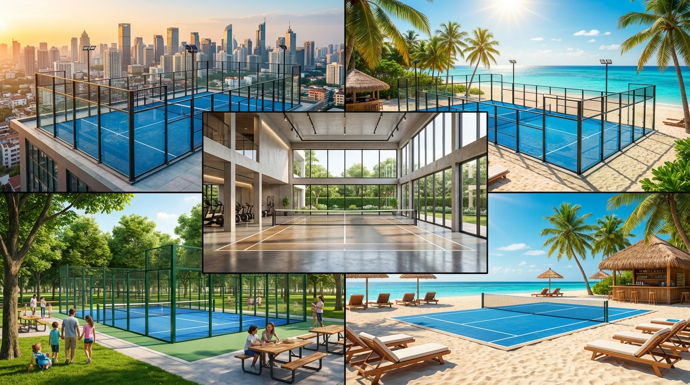 A photorealistic montage of five different padel board courts in various settings.
