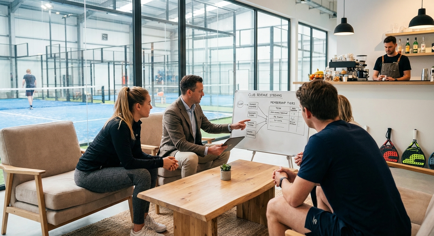 A business meeting in a modern club lounge where a consultant points to a whiteboard showing membership tiers and revenue streams with padel courts in the background