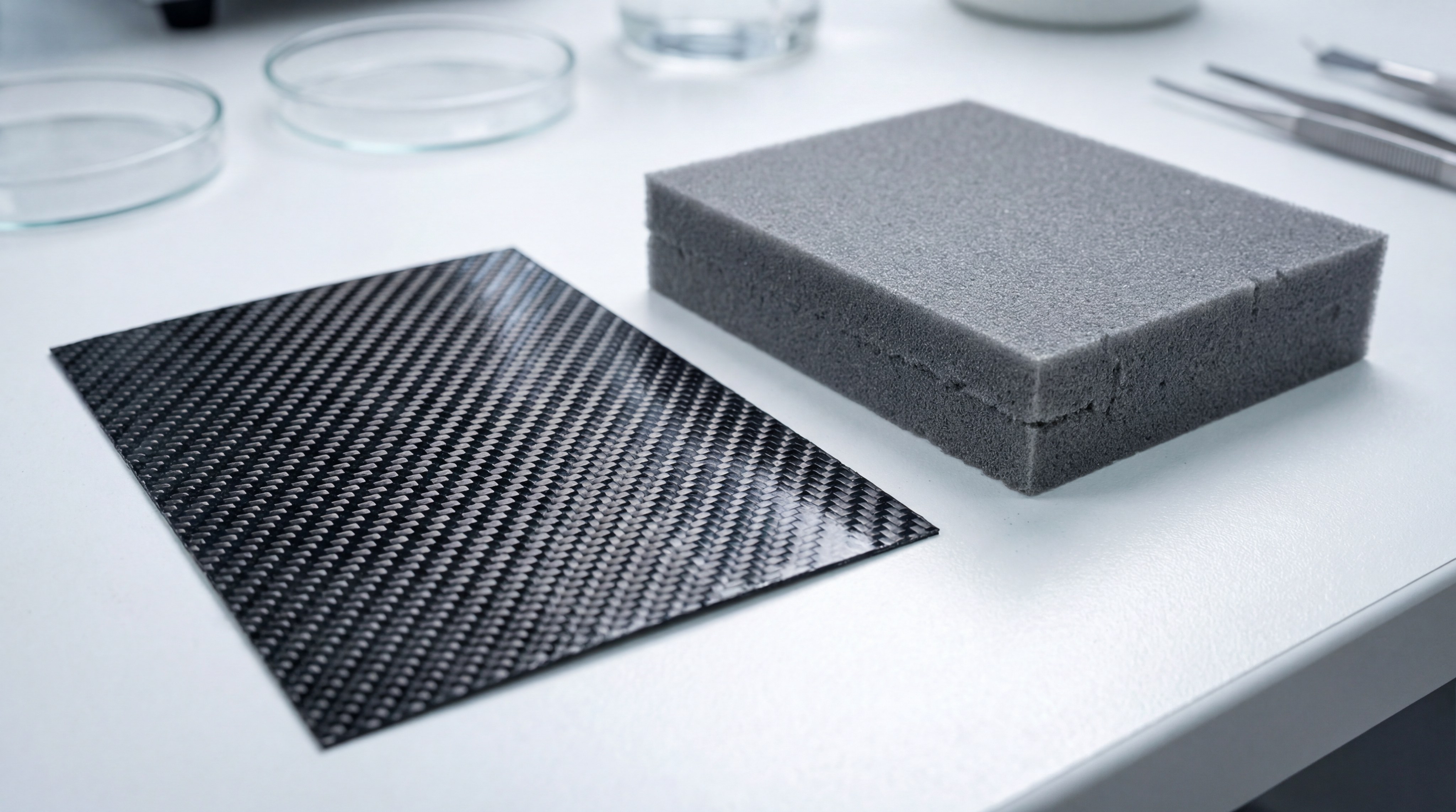 A photorealistic close-up of a cross-section of a padel bat, revealing layers of woven carbon fiber and the dense internal foam core.