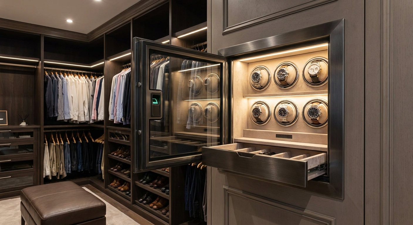 Luxury watch winder safe installed in a walk-in closet