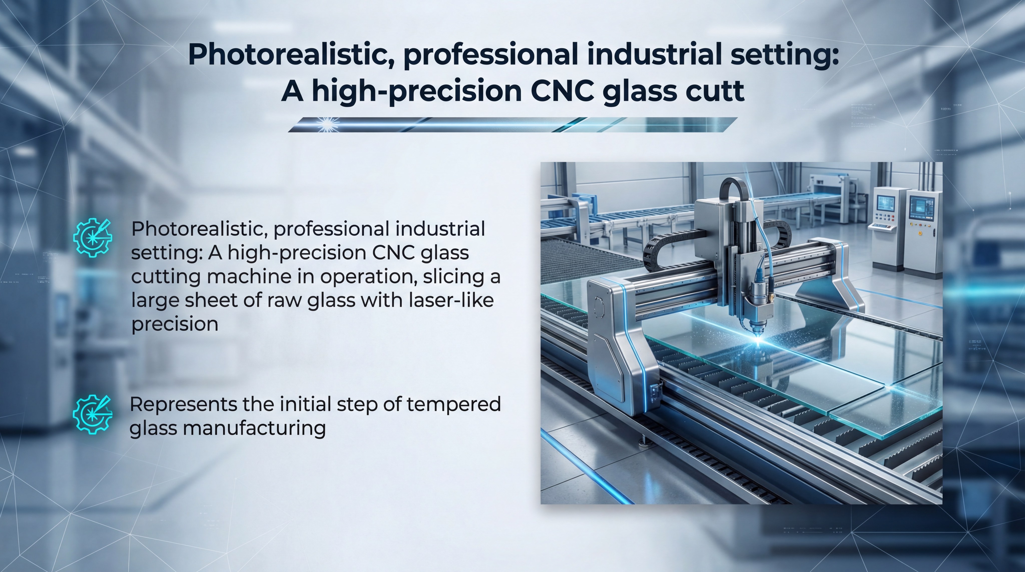 A high-precision CNC glass cutting machine in operation, slicing a large sheet of raw glass with laser-like precision