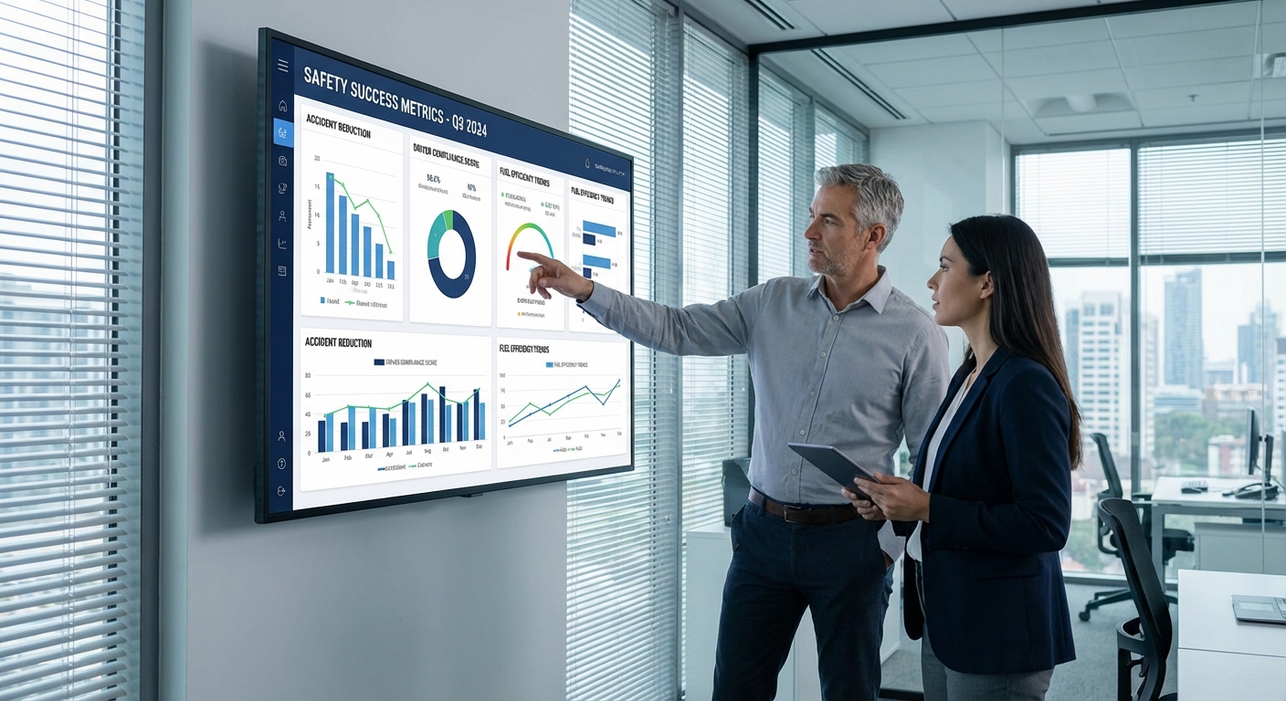 Fleet managers reviewing a digital report showing Safety Success Metrics dashboard