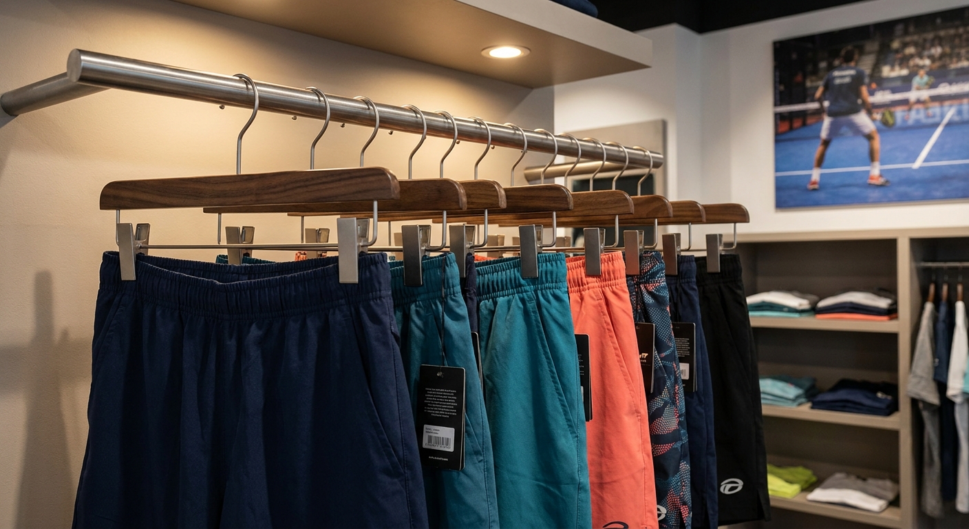 Various styles of padel shorts on a hanger