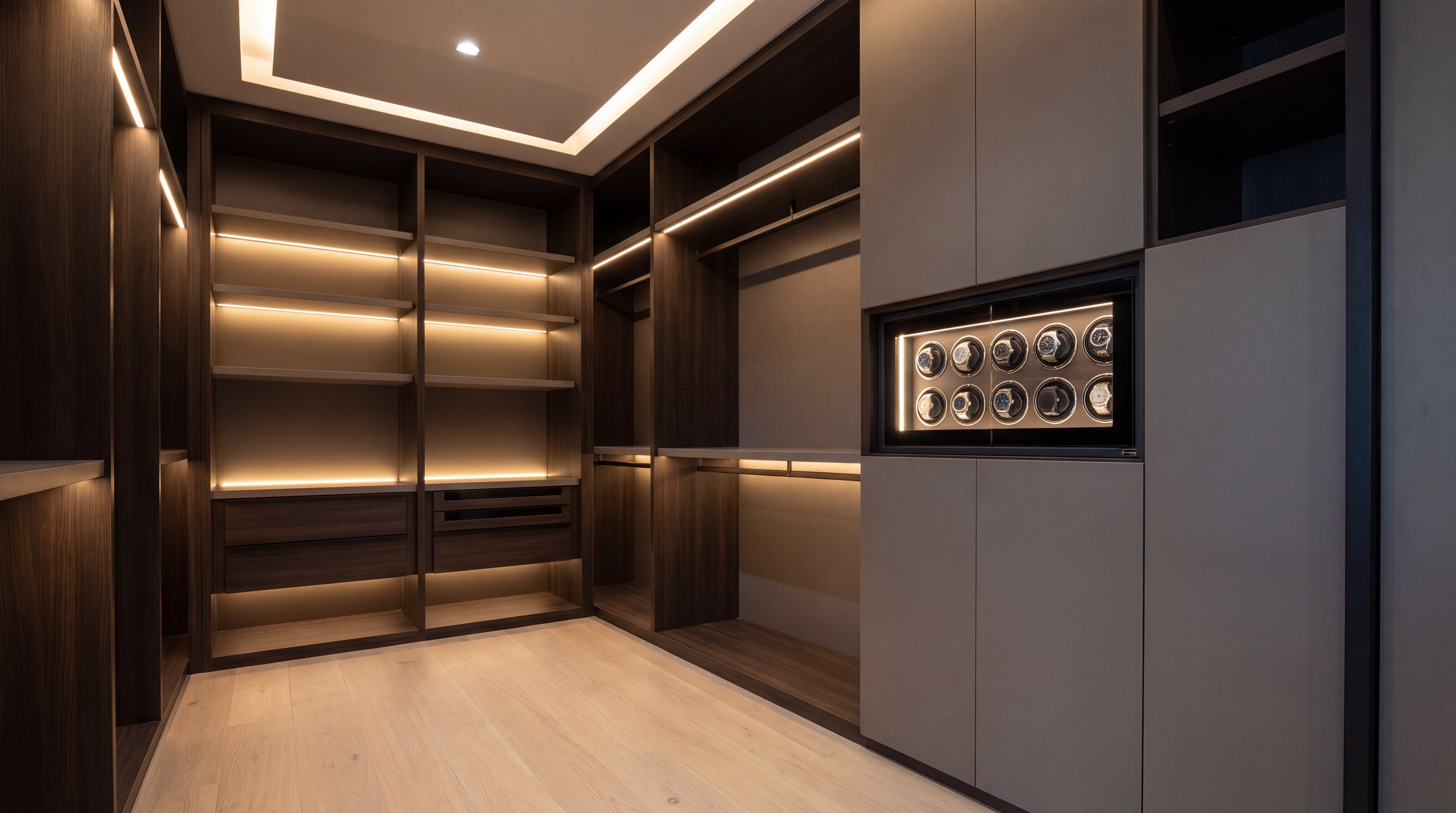Minimalist modern walk-in closet showing a watch safe installed at eye level between custom cabinetry.