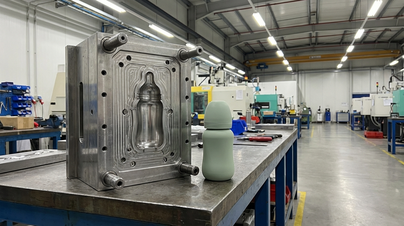Photorealistic 16:9 image of a factory setting showing a precision metal mold for a baby bottle, a finished sage-green silicone bottle sitting next to it, industrial but clean lighting.